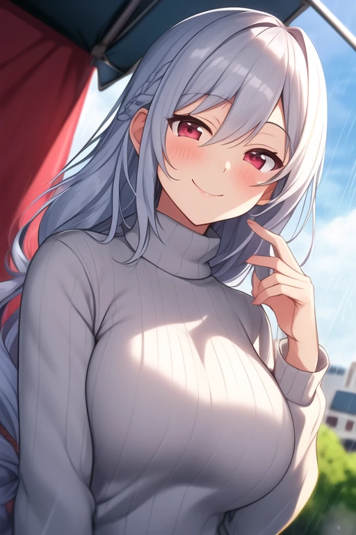 A beautiful girl with silver long hair, oni horns, and a smug smile, wearing a sweater and leaning forward with her hands on her waist, (best quality,4k,8k,highres,masterpiece:1.2),ultra-detailed,(realistic,photorealistic,photo-realistic:1.37),tomoe gozen, torino style, red eyes, hair between eyes