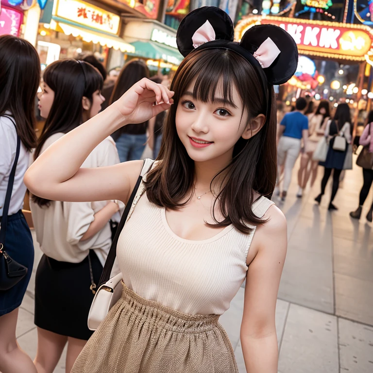 (8k, RAW photo, best quality, masterpiece:1.2), (realistic, photo-realistic:1.37), ultra-detailed, (high detailed skin:1.2), 8k soft lighting, high quality, film grain, Fujifilm XT3, professional lighting, photon mapping, physically-based rendering photo of 18 y.o girl, Super beautiful detailed face, Super beautiful detailed eyes, Symmetrical eyes, smile, (Slender body:1.2), break, (black glittery metallic playboy bunny:1.3, Thigh-high fishnet stockings:1.3, fake bunny ears, enamel long-boots), break, dark brown hair, short hair, (Fine face:1.2), make-up, glossy lips, (glossy dark tan skin:1.6), Highly detailed skin texture, glowing skin, break, (Beautiful small breasts:1.2), break, (victory pose:1.3), (extremely background is the tokyo tower in the park at night:1.5)