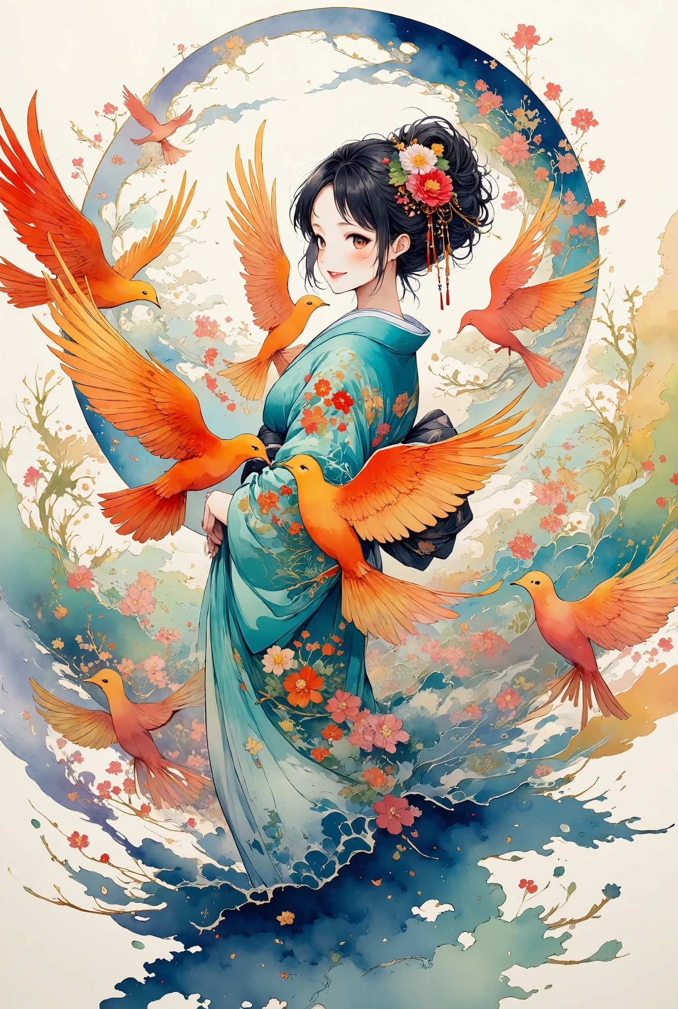 A serene scene featuring a girl in a traditional Japanese kimono, standing gracefully as vibrant birds fly around her. The birds are depicted as colorful silhouettes, each adorned with intricate, traditional Japanese patterns. The entire image has the delicate texture of washi paper, giving it a soft, artistic feel. The colors of the birds blend harmoniously, with shades ranging from deep blues and greens to bright reds and oranges, while their flight creates a swirling motion around the girl, adding a sense of fluidity to the scene.