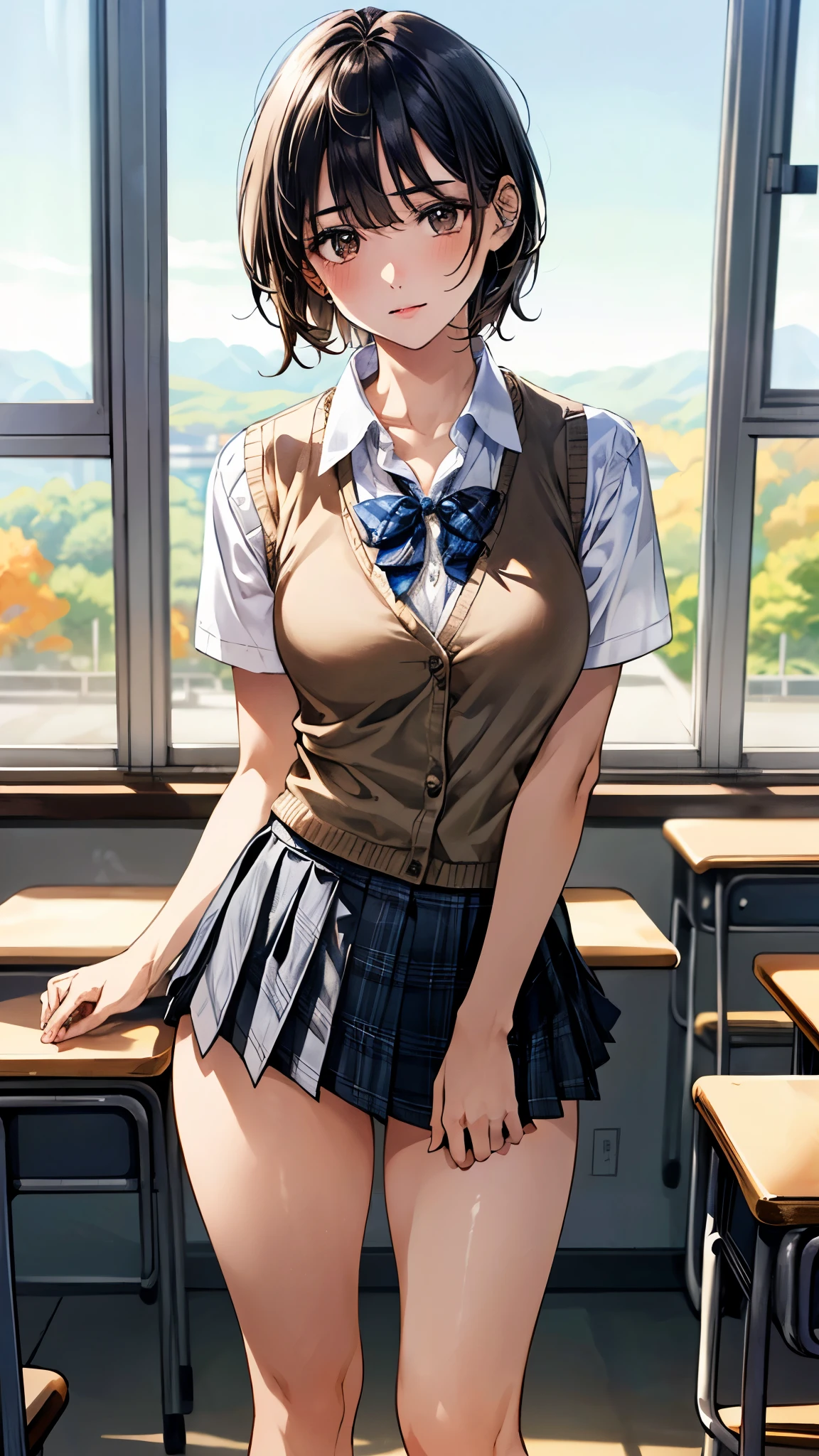 (masterpiece:1.2, Highest quality), (Realistic, photoRealistic:1.4), Beautiful illustrations, (Natural Side Lighting, Cinema Lighting), Written boundary depth, Looking at the audience, (Face Focus, Upper Body), Front view, 1 Girl, English, high school girl, 15 years old, Perfect Face, Cute symmetrical face, Shiny skin, (Bob Hair:1.7,blonde), Asymmetrical bangs, Big eyes, Droopy eyes, long eyelashes chest), thin, Beautiful Hair, Beautiful Face, Beautiful and beautiful eyes, Beautiful clavicle, Beautiful body, Beautiful breasts, Beautiful thighs, Beautiful legs, Beautiful fingers, ((High-quality fabric, brown knit vest, Short sleeve white collar shirt, Navy Pleated Skirt, Red bow tie)), (Beautiful views), evening, (School classroom blurred background:1.2), Are standing, (smile, Superior, Open your mouth), (Lifting the skirt to reveal panties:1.5)