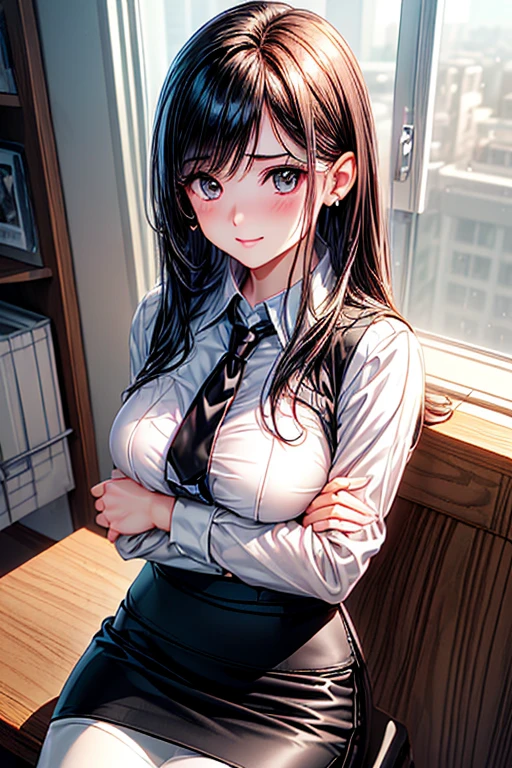 (Masterpiece:1.2), (best quality:1.1, (High quality:1.3), very detailed 8k CG unit wallpaper, depth of field, HDR, realistic, very detailed:1.2, complicated, Highly detailed:1.2, sexy woman, big breasts, office woman, white shirt, Chest groove, black short skirt, Black suit shirt, long hair,pink eyes, Blue On, Eye details:1.5, shadow sound details:1.2, light:1.1, The skin instantly became beautiful., smiling, cute, beautiful, sexy, office background