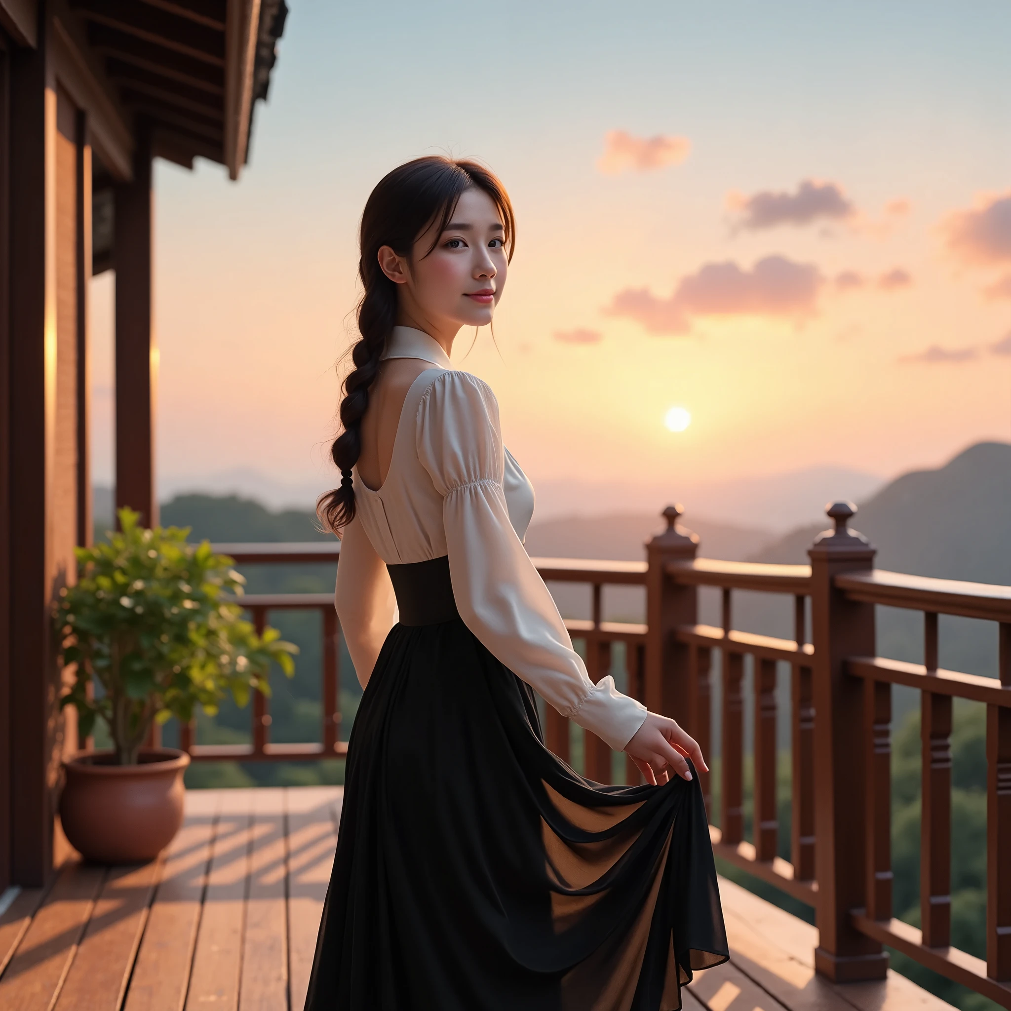 A photorealistic image of a east asian girl is standing on a wooden balcony at sunset. She is seen from behind,look back and smiling to the camera before a peaceful landscape with rooftops and distant mountains bathed in the warm colors of the setting sun. The woman has long, dark hair, elegant loose single braid, with a few strands softly framing her face and (( face focused )).She is wearing a vintage-inspired outfit: a white blouse with puffed sleeves and a high neck, layered under a long black dress with a fitted waist and flowing skirt. Her posture is graceful and relaxed as she lightly holds her skirt with one hand.

The balcony is made of polished wooden planks, and the light from the sunset casts long, soft shadows across the floor. Potted plants sit near the railing, adding a touch of greenery to the serene scene. The background features a clear evening sky, transitioning from soft blue to pink and orange hues, with a few scattered clouds. The overall atmosphere is calm and reflective, capturing the quiet beauty of the moment and the blend of traditional and modern elements in the woman’s attire and surroundings.
