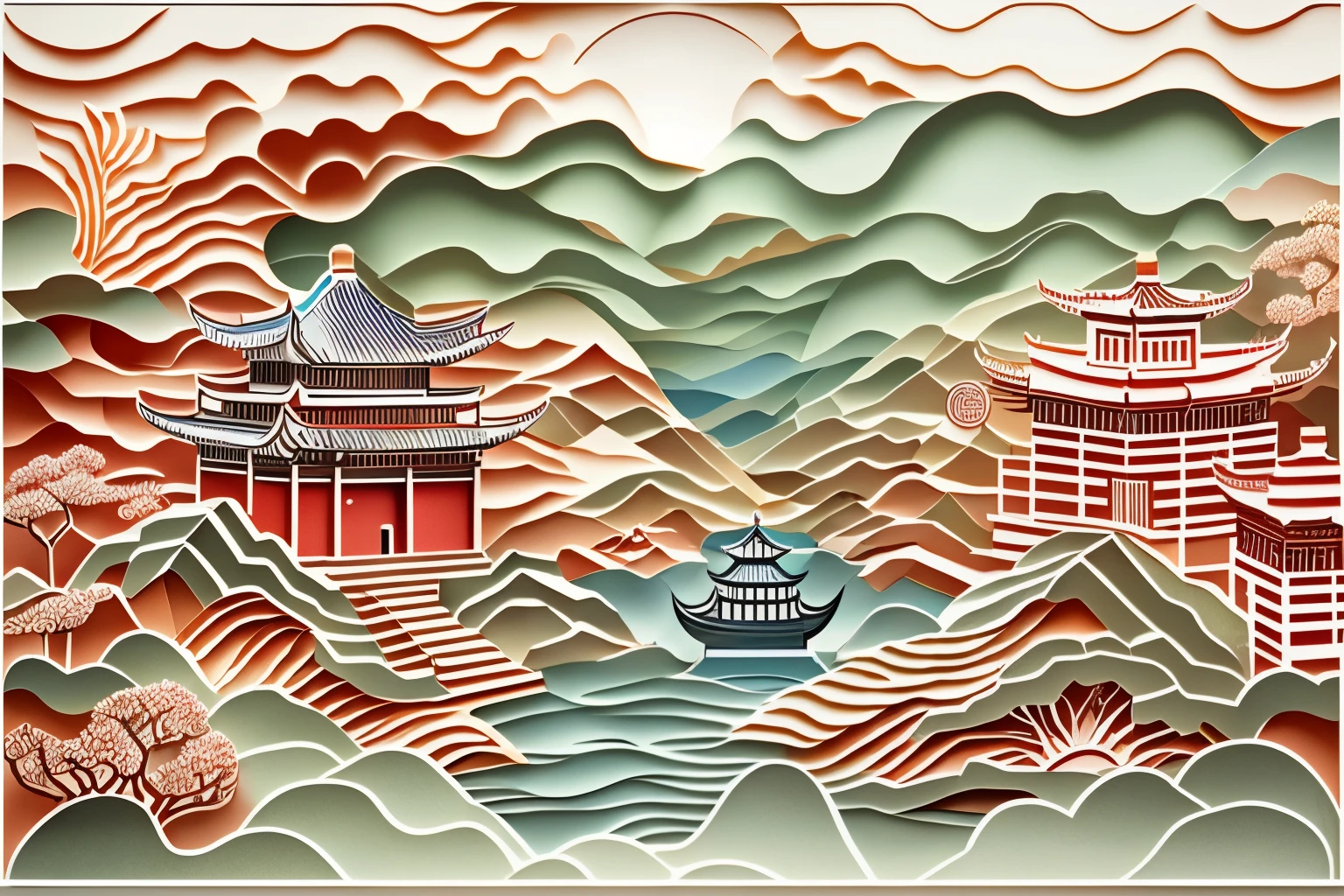 paper cut out，Chinese Garden，mountain water，Sea of clouds，16k, Best quality, Masterpiece, UHD resolution, Reasonable composition