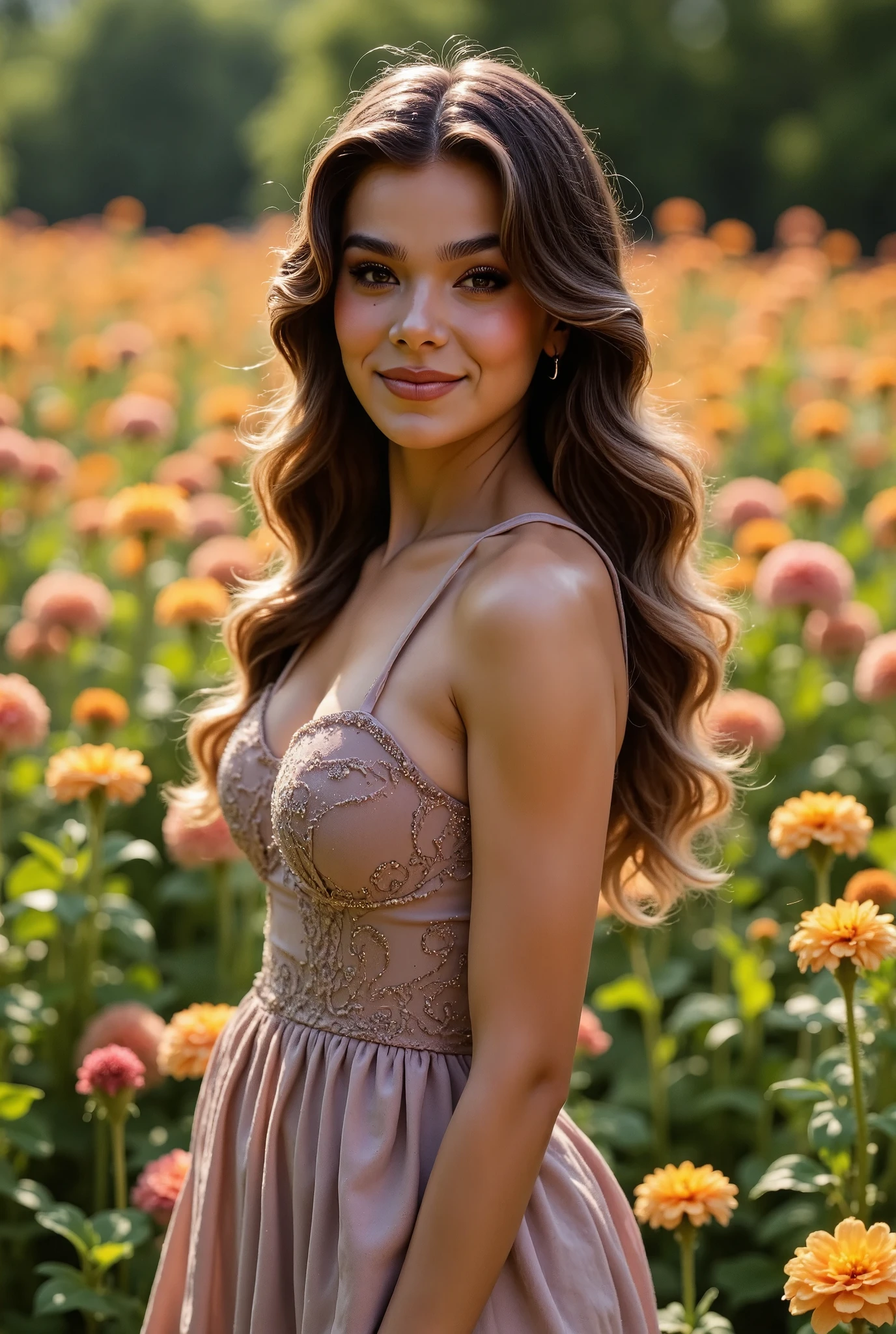 A half body photo of woman (hailstnewv3), light makeup, beautiful smile, flirty flowy short sundress, natural skin texture, 4k textures, Highly detailed perfect , Lightroom, Intricate, Ultra-Realistic, Out There, (HDR:1.3), UHD, (Intricate Detail, Hyper-Detailed:1.1), Cinematic, Photoreal, (Dark Shot:1.2), Dramatic, High Contrast, (Warm Color:1.1) , muted colors, master piece, elegant, sharp focus, A dreamlike image: stands in a field of wildflowers,seductive look, sexy, cleavage, masterpiece, best quality, (photorealistic:1.4), cinematic light, summer, whimsical, intricate brush strokes, smiling, happy, beautiful lighting, intricate details, Unreal Engine, creative, expressive, detailed, colorful, digital art, unique, brown eyes, (summer rain:1.2), wet skin, (wet hair:1.3), (sunset lighting:1.2)