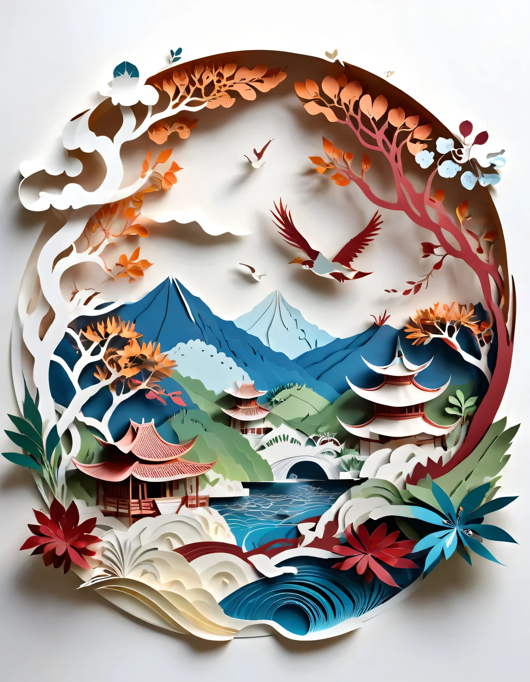 paper cuttings art, west papua shape land, map in paper cutout style, the honai (the traditional house of Kirigami), hills, coffee trees as a borders, (Flat paper cutout，paper art, layered paper artpaper quilling, digital art), Against a pure white background, vector illustration, papercut style, layers, high quality image, background, floral nature