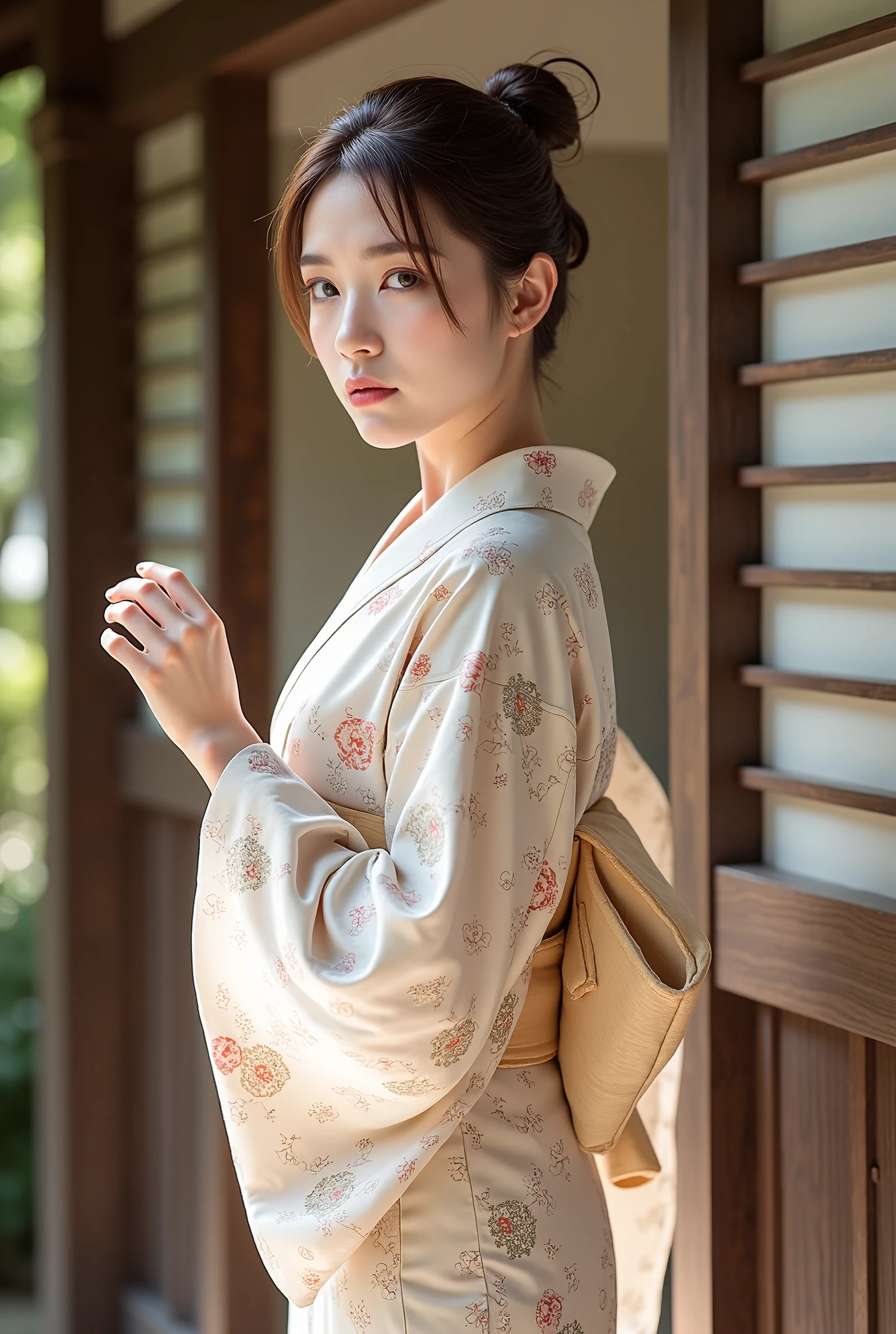 A photorealistic portrait of a young woman wearing a traditional floral-patterned yukata, standing gracefully by the entrance of a Japanese building. She is gently holding a noren (traditional Japanese fabric divider) to the side, as she peers outside with a calm and composed expression. Her hair is neatly tied back, and the soft natural light highlights her fair complexion and the delicate floral patterns on her yukata. The earthy tones of the noren and the wooden frame of the building contrast beautifully with the simplicity and elegance of her summer attire. The scene captures a peaceful moment, blending the traditional elements of Japanese culture with the serene beauty of the woman in her yukata.