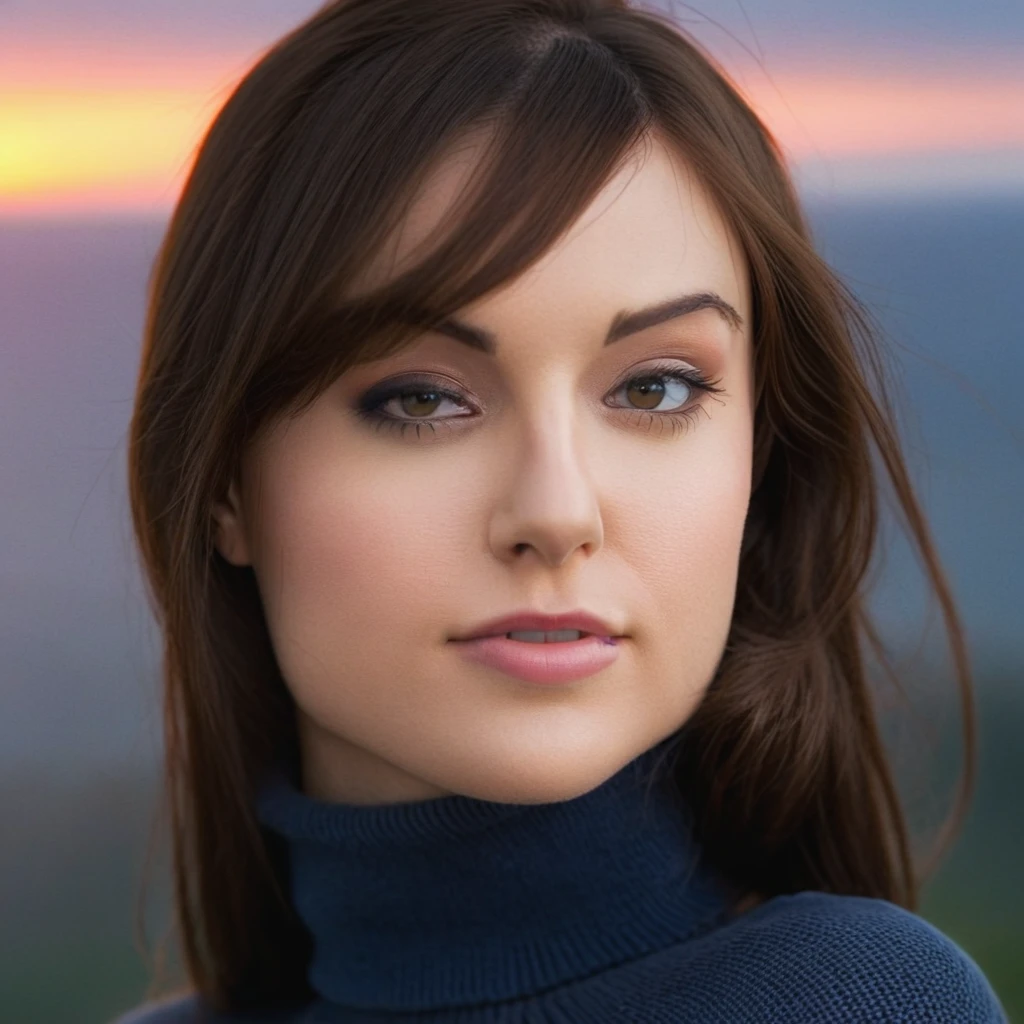 Gray 1024, woman, half of the body, side view, turtleneck, jeans, Sunset,  detailed eyes, photo, Trending on ArtStation, clear focus, студийная photo, complex details, very detailed, Greg Rutkowski   