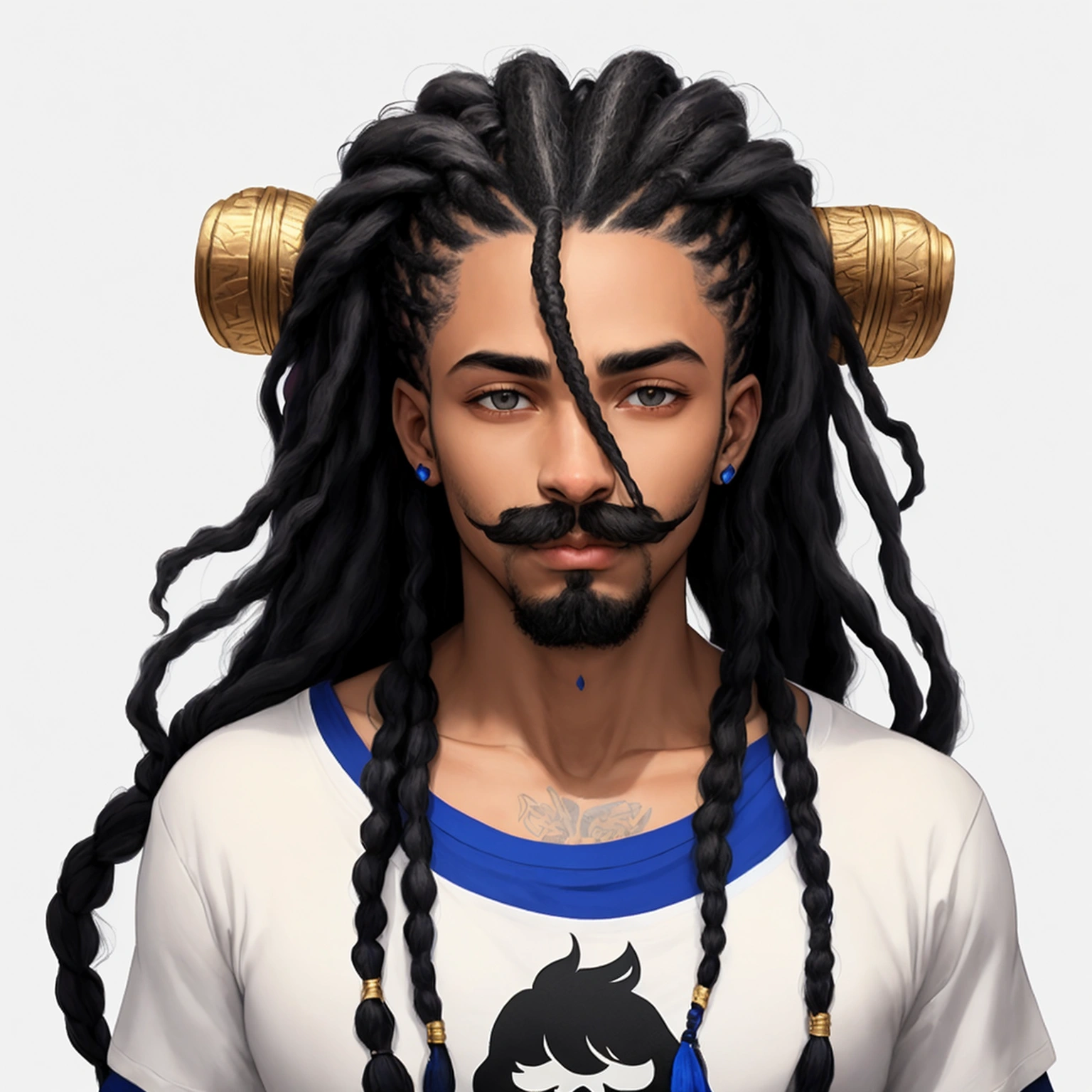 Un homme avec des cheveux de type dreadlocks noirs, coupés à mi-longueur, portant un t-shirt noir avec un logo '3' bleu sur le côté gauche de la poitrine. Il a une peau foncée et un visage aux traits sérieux, avec une barbe fine et une moustache. Le fond est une pièce intérieure aux murs beige clair. décoré d'une bordure à motifs géométriques et aux tons chauds. L'expression faciale est neutre