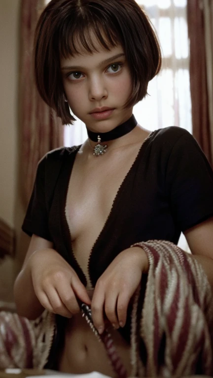 (Matilda), ta, Natalie Portman in the Professional movie, short hair with bangs, Face of pleasure, face, 16 years, ((flat breasts, tomboy girl, small head)), daylight, sunlight, (perfect body: 1.1), (child), (short stright hair: 1.2), black choker, full body photo, street, thin thighs, polka dots, perfect angle, Mathilda, confused expression, lost. Small waist, perfect hands perfect fingers perfect breasts perfect face perfect body perfect image, hentai, taboo, fetish, Ecchi, (extremely detailed 8k CG wallpaper), (an extremely delicate masterpiece), (best quality: 1.0), (ultra high resolution: 1.0), beautiful lighting, perfect lightning, realistic shadows, [high resolution], detailed and ultra-detailed skin, (((color))), intricate Details, high quality,