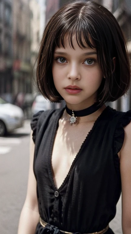 (Matilda, ta, Natalie Portman from LEON the Professional movie), short hair with bangs, Face of pleasure, face, 16 years, ((((Clothing Matilda outfit)))), slim female, Mathilda outfit, detailed face, smirk, ((flat breasts, tomboy girl, small head)), daylight, sunlight, (perfect body: 1.1), (child), (short stright hair: 1.2), black choker, full body photo, street, thin thighs, (extremely detailed 8k CG wallpaper), (an extremely delicate masterpiece), (best quality: 1.0), (ultra high resolution: 1.0), beautiful lighting, perfect lightning, realistic shadows, [high resolution], detailed and ultra-detailed skin, (((color))), polka dots, perfect angle, confused expression, lost. Small waist, perfect hands perfect fingers perfect breasts perfect face perfect body perfect image, hentai, taboo, fetish, Ecchi, raw, intricate Details, high quality, 64K, UHD,