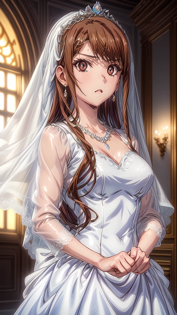 1girl, Solo, long hair, brown hair, brown eyes, ayanedef, modeling at a palace setting, adorned in a stately satin, lace and tulle ballgown wedding dress, bow in back, bows on skirt, long sleeves, modest, Crowning her head is a tiara and a veil while diamond earrings and necklace sparkle in contrast with the white, anime, 4k, hd, detailed, perfect anatomy, perfect hands, perfect face, cute, professional artwork, (masterpiece), best quality, expressive eyes, perfect face, good hands, best hands, detailed, high quality, high resolution. 8k