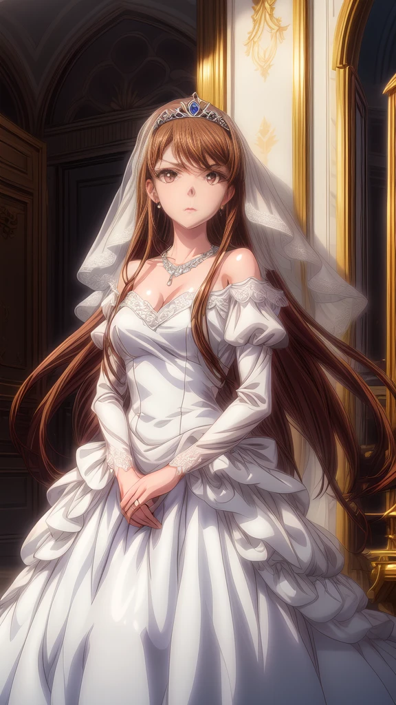 1girl, Solo, long hair, brown hair, brown eyes, ayanedef, modeling at a palace setting, adorned in a stately satin, lace and tulle ballgown wedding dress, bow in back, bows on skirt, long sleeves, modest, Crowning her head is a tiara and a veil while diamond earrings and necklace sparkle in contrast with the white, anime, 4k, hd, detailed, perfect anatomy, perfect hands, perfect face, cute, professional artwork, (masterpiece), best quality, expressive eyes, perfect face, good hands, best hands, detailed, high quality, high resolution. 8k