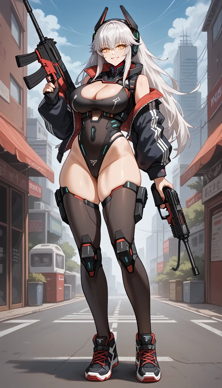 ultra-detailed, 1girl, solo, zentreya, zencyber, (masterpiece)), (best quality), (highres), 16K, yellow eyes, white hair, long hair, wearing black panties, sneakers, busty body, large breasts and a beautiful ass, showcasing cleavage, legs, hips, submachine gun, holding submachine gun, looking at viewer, detailed face, smile, detailed hair, detailed full body, street background