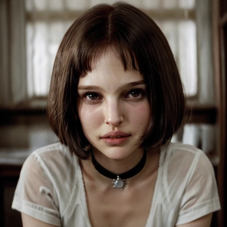 (Mathilda) from LEON (professional) movie (Natalie Portman), slim female, detailed face look at camera, smirk, (smile:0.5), raw, intricate, high quality, 64K, UHD