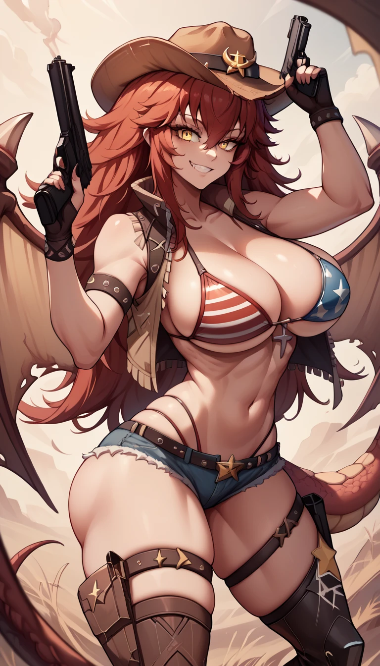 ultra-detailed, 1girl, solo, zentreya, zencow, (masterpiece)), (best quality), (highres), 16K, yellow eyes, red hair, long hair, cowboy hat, wearing bikini, boots, busty body, large breasts and a beautiful ass, showcasing cleavage, legs, hips, gun, holding gun, looking at viewer, detailed face, smile, detailed hair, detailed full body, texas background