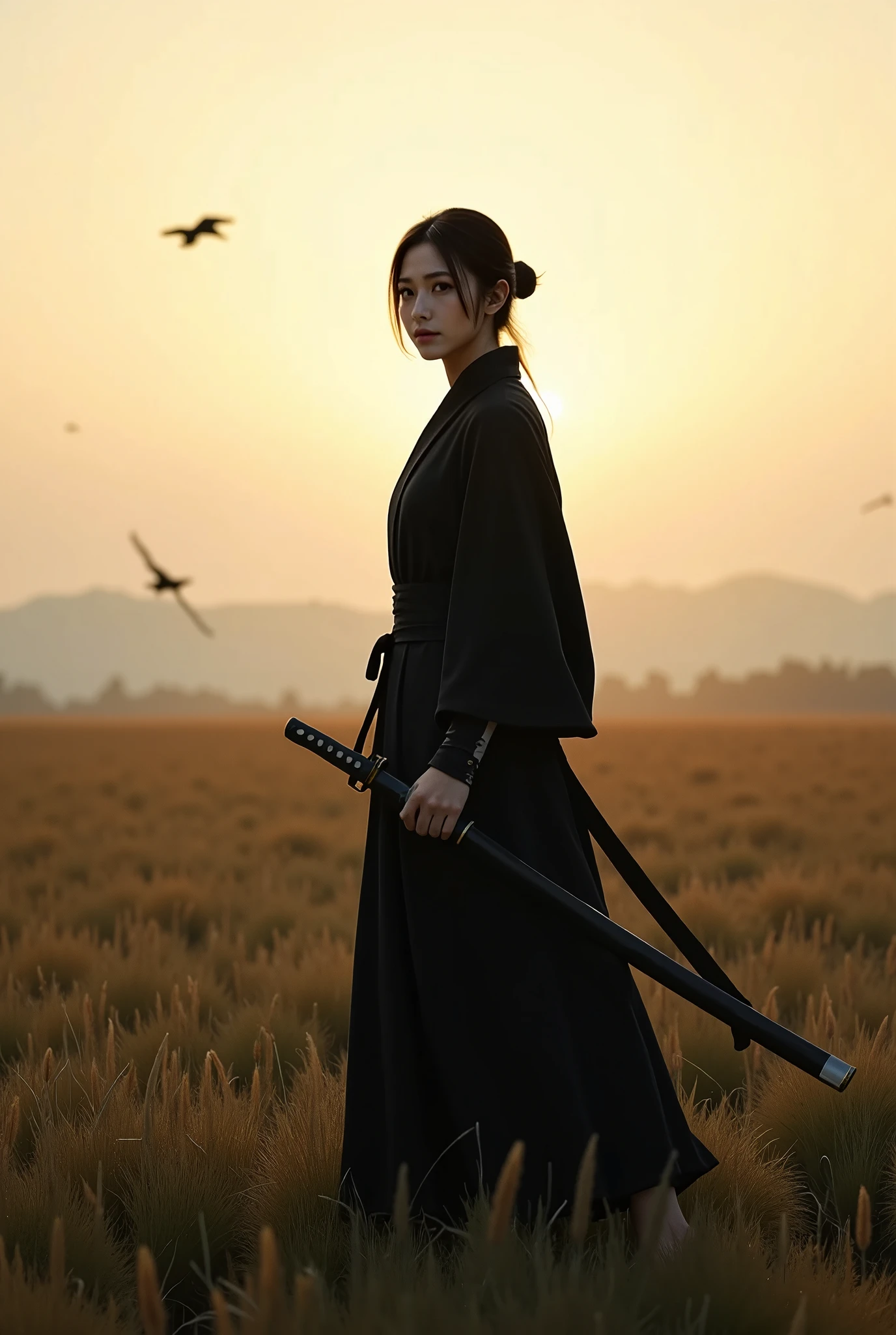 A photograph of a lone samurai woman standing in a peaceful field at dusk, ready to draw her katana. She is wearing traditional samurai attire from the Sengoku period of Japan, consisting of a black and dark brown kimono-style robe with wide sleeves, tied with a dark obi around her waist. Her right hand is gripping the hilt of her katana, positioned near her waist as she prepares to draw it, while her left hand is steadying the sheath. Her posture is tense but focused, capturing the precise moment before action. Her hair is tied up in a traditional warrior style, and her face shows calm determination. The scene is set in a quiet field with tall grasses swaying gently in the wind, under the fading light of dusk. The color palette is soft and muted, with earthy tones for both the environment and her attire, and the background is simple, with birds flying in the distance."Additional Parameters:Style: Realistic, with a focus on action and tension in the poseLighting: Soft dusk lighting with warm, fading sunlight casting long shadowsColors: Dark black and brown tones for the attire, earthy and muted tones for the grass and sky Composition: The samurai woman centered, and her face forced in a poised stance, with her katana halfway drawn, the quiet field around her creating a sense of serenity and focus Environment: Quiet field at dusk, soft wind moving the tall grass, birds flying in the distance