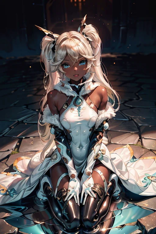 In Ioicura,Platinum Blonde Hair,Twin tails, Hair Accessories, White Dress, Black knee socks, 
Removable sleeves,Complex eyes,Beautiful fine details,Symmetrical eyes,Big Eyes:1.5,
(((dark skin,dark_skin,lustrous skin:1.5,bright skin: 1.5,
skin tanned,shiny skin,very shiny skin,Shiny body,plastic glitter 
skin,exaggerated shiny skin,illuminated skin))),
(,Detailed body,(Detailed face)), cute,Obscene,Erotic,,Outfits that show camel toes,show skin,(((Sexy aqua fur coat, Aqua fur coat outfit,
 wearing a Ice Dress:1.3,aqua 冬 coat))), ((Ice Dress,elegant Ice Dress)),
(White gloves,White clothes,(((Complicated costumes,Complicated clothes,Embroidered costume,Glamorous Costumes,Embroidered clothing,
Glamorous clothing))),skinsuit, Bodysuits, pantyhose,
High resolution,Sharp focus,(Super detailed,Very detailed),(Very detailed CG unity 8k wallpaper),
(((Vibrant colors))),

smile, seductive eyes,Open your mouth, Stick your tongue out,汗をかいたskin, Upper Body,From above,Kneeling pose,（Look at me, Open your palms）,Cracked cobblestones,Mossy wall, , Surrounded by water, reflection,Breathtakingly beautiful clouds,
