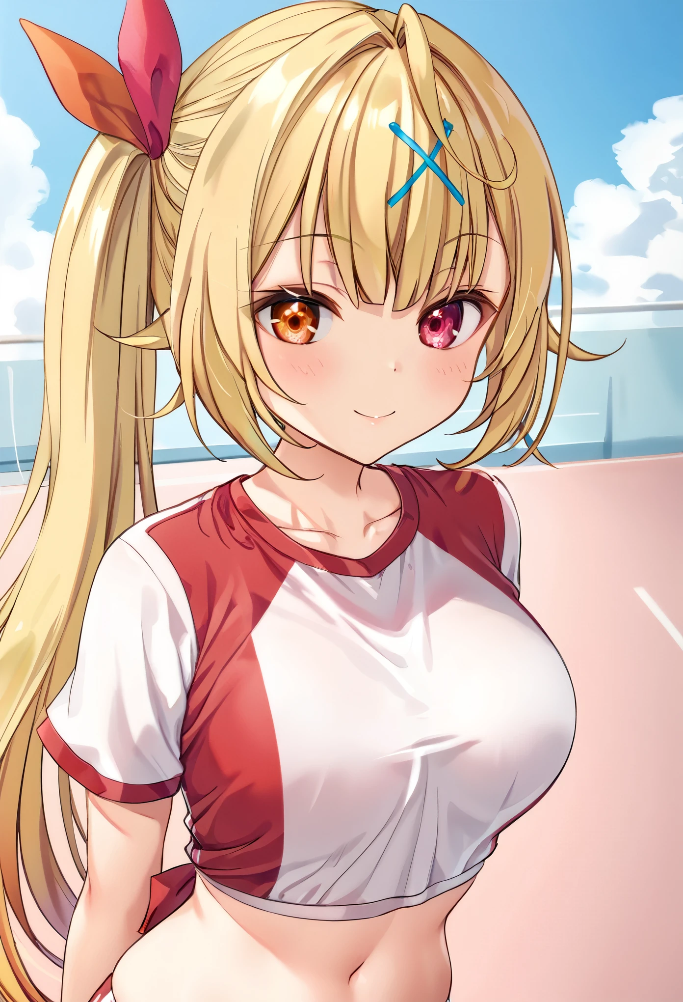 hskwsr, long hair, blonde hair, (side ponytail), bangs, hair ribbon,ahoge, x hair ornament, heterochromia, red eyes, orange eyes, Conical breasts,White gym clothes、Belly button exposed,Red insert color,Bright expression、smile、standing,Upper Body、Behind your back、blue sky