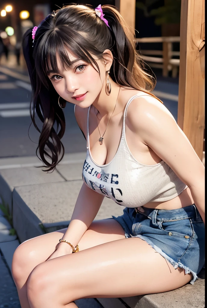 8k, top-quality, (pubic hair beauty)、hight resolution, realisticlying, realperson, Red Light District at Night、There are many signboards、The light on the sign is dazzling、Dancing in different poses on stage、The best smile、Fun and smiling、One young and beautiful girl、Reveal madness、Inviting eyes、Martial Arts Tournaments、Serious Serious Competition、denim short pants、toppless、high-heels