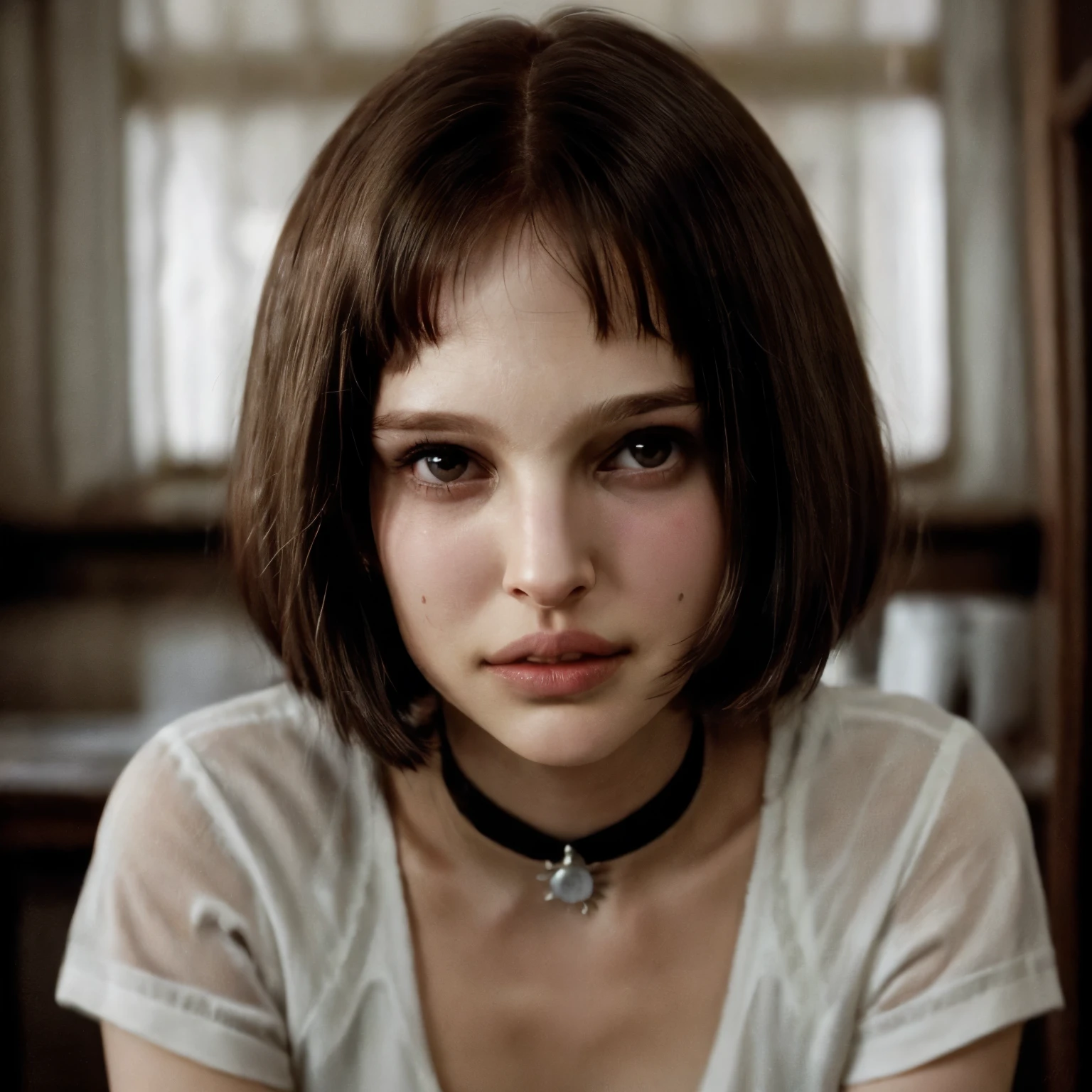 (Mathilda) from LEON (professional) movie (Natalie Portman), slim female, detailed face look at camera, smirk, (smile:0.5), raw, intricate, high quality, 64K, UHD