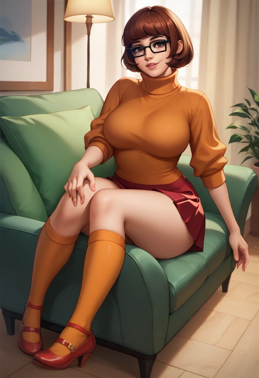 (8k, best quality, masterpiece:1.2), (realistic, photo-realistic:1.37), ultra-detailed, 1 girl,cute, solo, ,beautiful detailed blue eyes, medium wavy hair, , smiling, looking at viewer, ,light brown hair, full body view, , whole body shot, red hat, , , nsfw, , big breasts, white skirt, , thick thighs, black Thigh High Boots, red sweater, yellow scarf, winter wonder skye,, standing, Thigh High Boots,lying on the floor in bedroom
