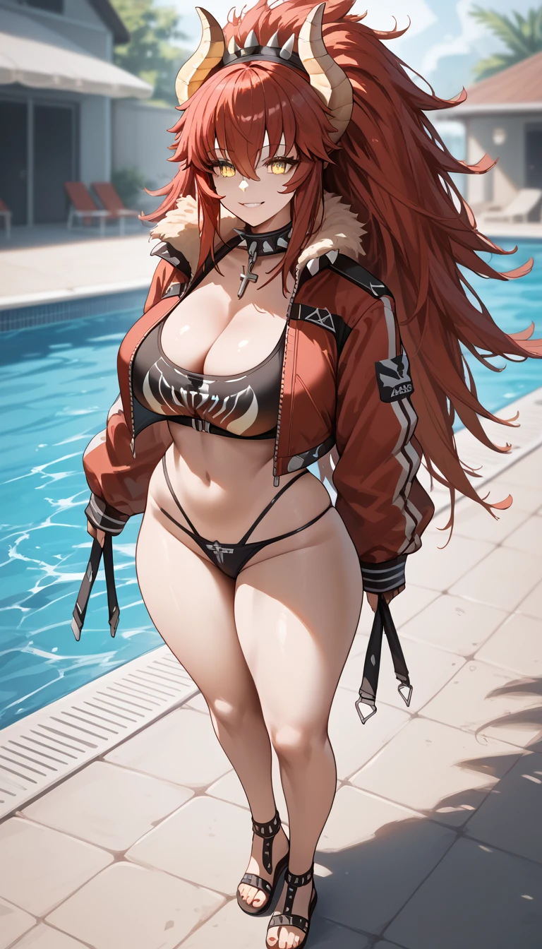 ultra-detailed, 1girl, solo, zentreya, (masterpiece)), (best quality), (highres), 16K, yellow eyes, red hair, long hair, jacket, wearing black panties, sandals, busty body, large breasts and a beautiful ass, showcasing cleavage, legs, hips, looking at viewer, detailed face, smile, detailed hair, detailed full body, swimming pool background