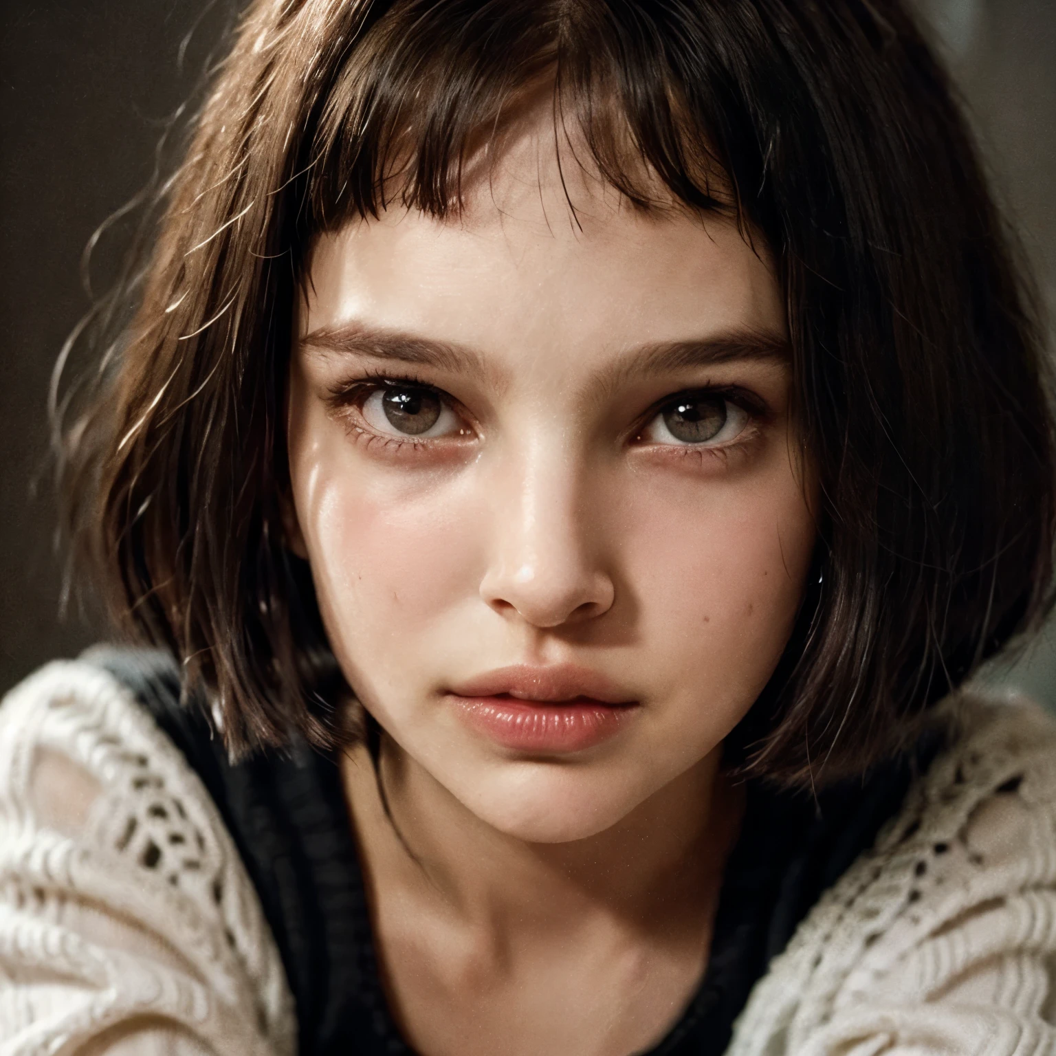 (Mathilda) from LEON (professional) movie (Natalie Portman), slim female, Mathilda outfit, detailed face look at camera, smirk, (smile:0.5), raw, intricate Details, high quality, 64K, UHD