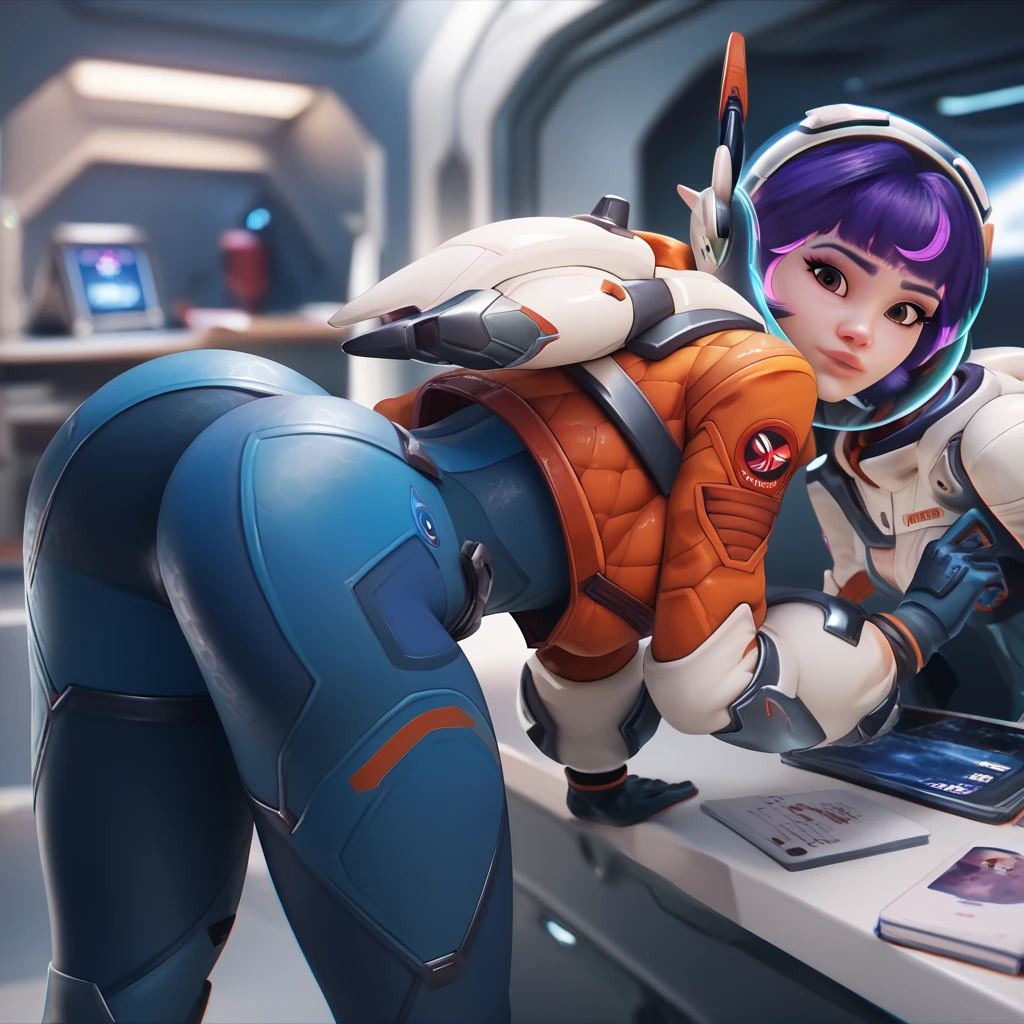 1girl, short hair, brown eyes, curvy waist, skinny, butt, big boobs, bent over, big butt, exposed tits, horny, ass, jn0, space suit, purple hair,