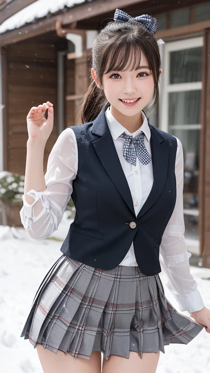 ((smile))、Confused、RAW Photos、(((The ultimate portrait masterpiece)))、((The cutest girl in the world))、1 Girl、12 years old、Japanese、Cute face、((Silky Hair))、(A high ponytail tied with a ribbon:1.4)、((Super huge breasts:1.4))、((Eyes that shine like jewels))、Glowing Skin、(young woman;Consisting of a transparent white shirt, Thin ribbon, blazer, Checkered Pleated Skirt.:1.5)、Winter clothes、(Uniforms made from high quality fabrics:1.4)、Ultra-detailed uniforms、(She shyly pulls up her skirt:1.3)、(Breathable panties are visible.:1.3)、((Crotch from the front))、Skirt fluttering in the wind、eyeliner、Beautiful Bangs、Hair between the eyes、((solve、High resolution))、Detailed Background、8 QHD、Digital SLR、Soft Light、high solve、Film Grain、Fujifilm XT3、Shallow depth of field、自然なSoft Light、Tight waist,(sometimes upskirt:30%),(Nipples pumping:60% or pussy line pumping:60%),(Get wet from heavy snow:50% or get wet in heavy rain:50%)