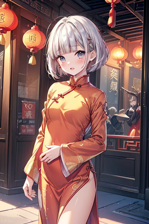 (masterpiece:1.3, top-quality, ultra high res, ultra detailed), (realistic, photorealistic:1.4), beautiful illustration, perfect lighting, natural lighting, colorful, depth of fields, surrealism,
beautiful detailed hair, beautiful detailed face, beautiful detailed eyes, beautiful clavicle, beautiful body, beautiful chest, beautiful thigh, beautiful legs, beautiful fingers, white skin, shiny skin,
looking at viewer, 1 girl, japanese, 18 years old, (perfect anatomy, anatomically correct, super detailed skin), cute and symmetrical face, babyface, perfect face, perfect eyes, perfect fingers,
(middle hair, double bun hairstyle, silver hair), asymmetrical bangs, blue eyes, big eyes, long eyelashes, glossy lips, (medium breasts, seductive thighs), slender, outstanding style,
(detailed cloth texture, red chinese dress:1.4, tight dress, red long dress with slit, black knee-high stockings, high heels), earrings, choker,
(beautiful scenery), night, (chinatown:1.5, outdoor restaurant), sitting table, (cute, pretty smile, open mouth small),