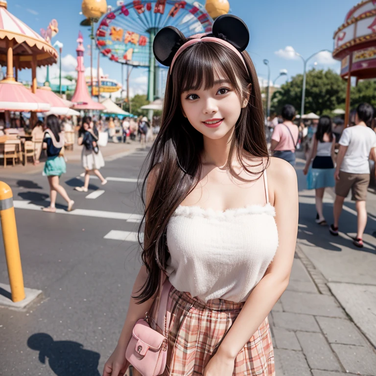 NSFW,highest quality、excellent details、ultra high resolution、best illustrations、、japanese idol、curly hair, long hair,Ribbon hair ornament, ponytail,smile、sleeveless uniform, skirt lift,No panties,Ferris wheel,amusement park,Have a soft-serve ice cream,large crowd of people