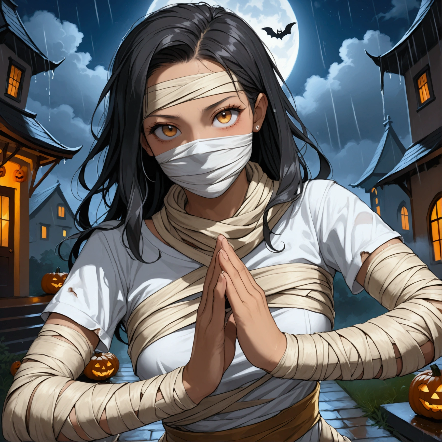 score_9, score_8_up, score_7_up,masterpiece, best quality, very aesthetic, 
mummy costume, bandages, halloween costume, bandaged arm, zombie pose, bandage on face,
nagatoro hayase, , solo, white shirt,(tanline),(pubichair:1.2)
mummy costume, bandages, halloween costume, bandaged arm, zombie pose, bandage on face,
raining, outside, storm, soaked, wet dirt, dirty, cleft of venus,
(halloween)