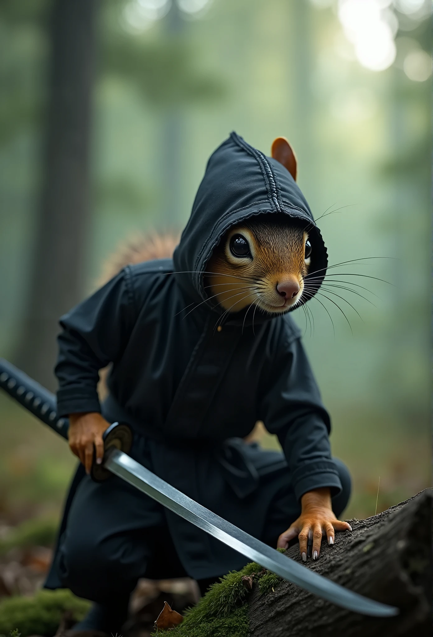 A stunning realistic photo of a hyper-realistic, highly detailed shot of a squirrel dressed as a ninja, standing on a tree branch in a forest. The squirrel is wearing a traditional black ninja outfit, including a hood that covers its head, with only its eyes visible. The squirrel is trying to draw a sword from the sheath attached to its waist and The scene is atmospheric, with the squirrel in a stealthy, crouched stance, ready to move. Soft light filters through the trees, creating a dramatic, cinematic effect with shadows and mist around the forest background.
