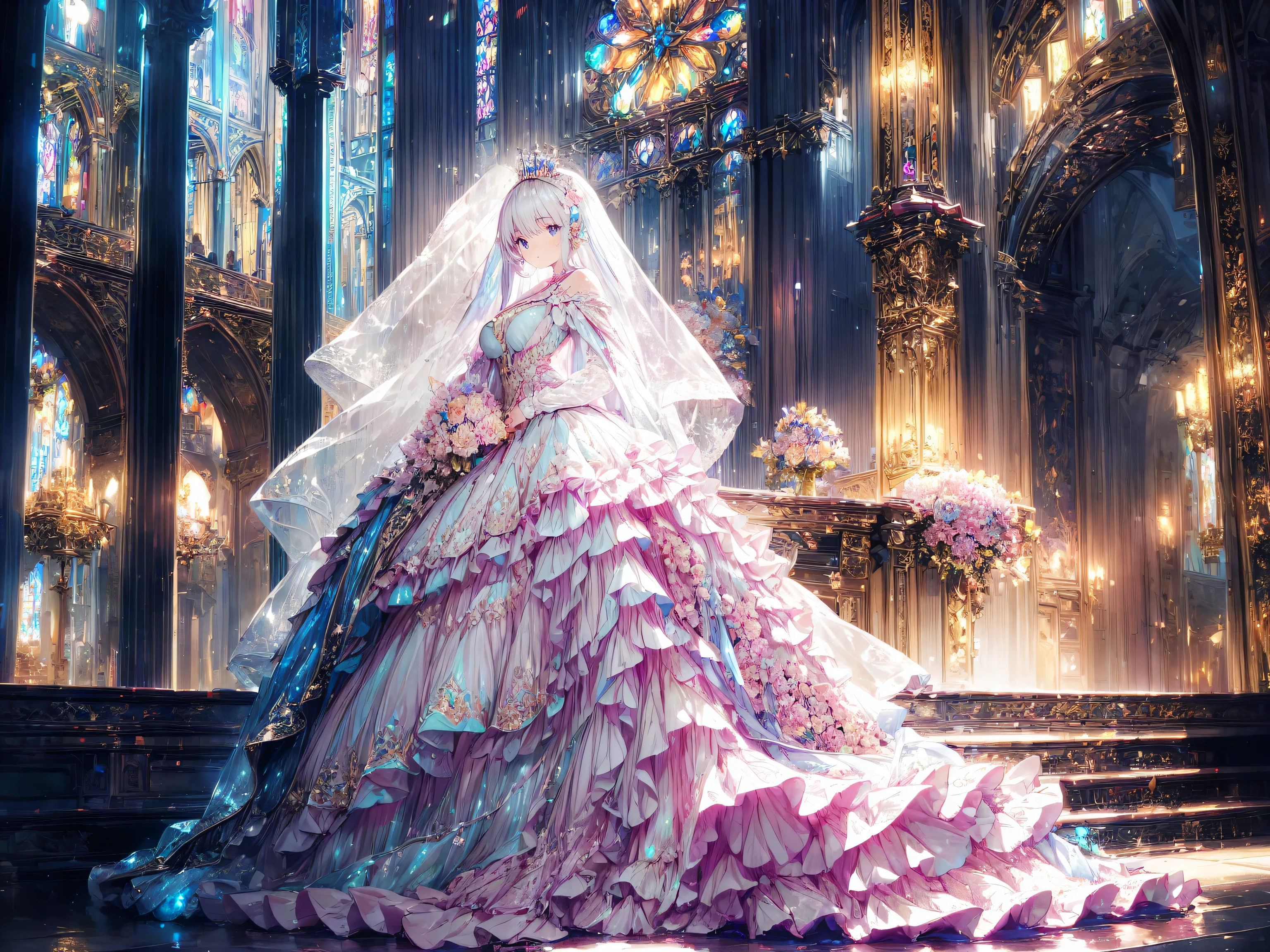 ((Ultra HD)), ((Super detailed)), ((Best Quality)), (((Princess with a young face))), Vibrantly colored Rococo Victorian gown, Beautiful lace, precious jewels and intricate embroidery, A voluminous, princess-style long skirt, A luxurious dress with super multi-layered frills, sequins and rosettes., Extremely complex and difficult to understand structure, Huge breasts, (((Complete Hand))), ((In the majestic cathedral)), 