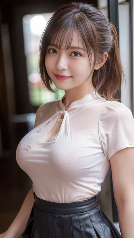 (masterpiece:1.3), (8k, photorealistic, RAW photo, best quality: 1.4), Sharp focus: 1.2, A beautiful woman with perfect body: 1.4, Slim abdomen: 1.2, ((Layered haircut)), (((Huge breasts :1.4))), (no bra), (Small and beautiful hard nipple), (pubic hair), (Thin and damp button up to shirt length: 1.1), (a White extreme low rise mini skirt), Highly detailed face and skin texture,  Detailed eyes, Double eyelid, beautiful face, beautiful hairstyle, realistic eyes, beautiful detailed eyes, (realistic skin), attractive, ultra high res, ultra realistic, highly detailed, golden ratio, (detaled face:1.2), looking at viewer, smile, open white shirt, perfect slim figure, in a department store.