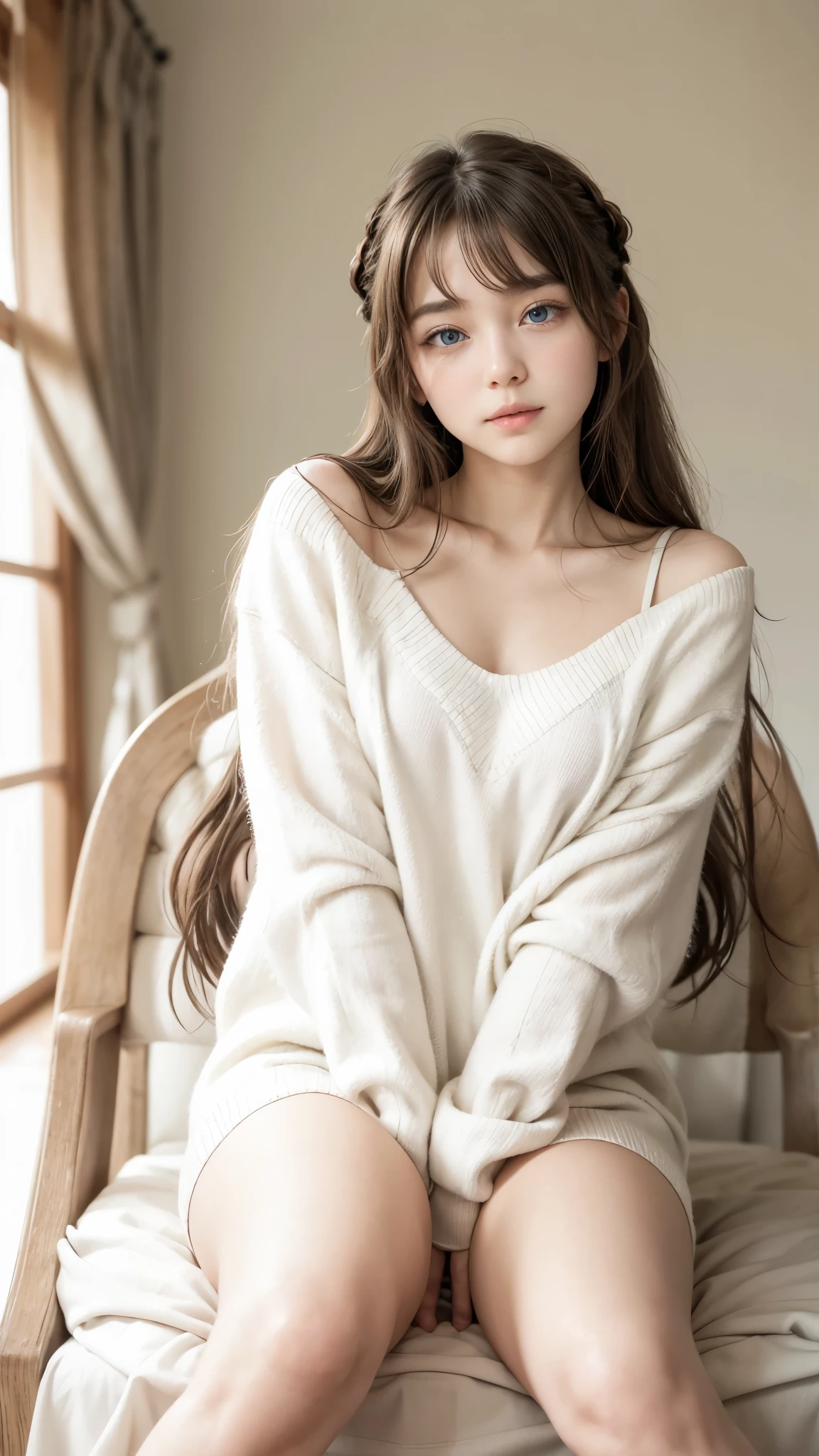 4k、RAW photo、photorealistic stick、High resolution、Japanese cute chubby 20 year old woman ,(obesity)、face like an idol、brown hair、(明るいbrown hair),short hair、curly hair 、In pajamas、sit on bed