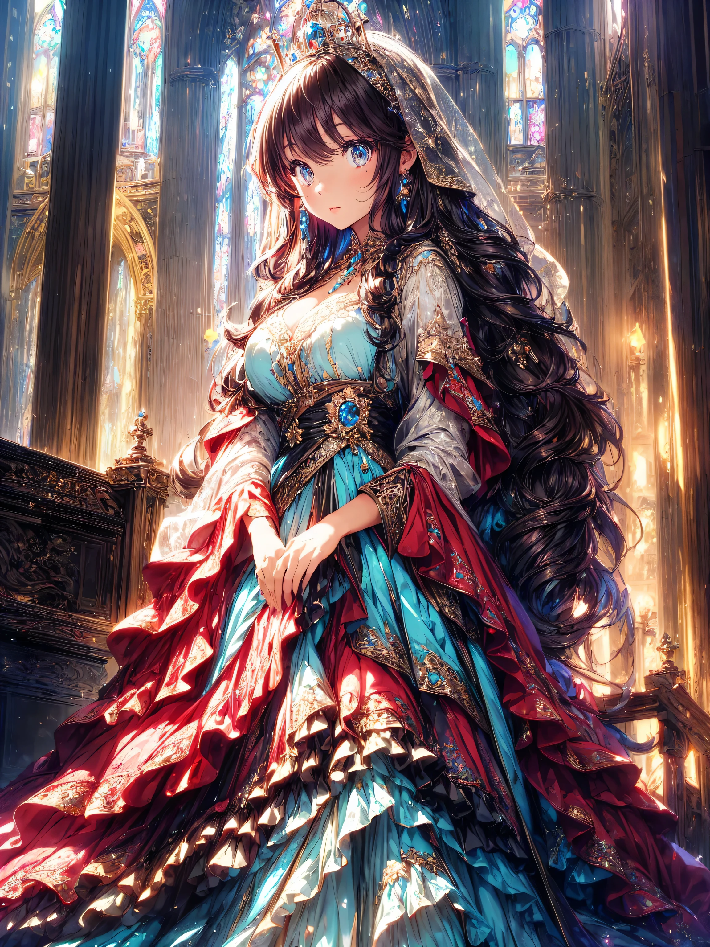 ((Ultra HD)), ((Super detailed)), ((Best Quality)), (((Princess with a young face))), Vibrantly colored Rococo Victorian gown, Beautiful lace, precious jewels and intricate embroidery, A voluminous, princess-style long skirt, A luxurious dress with super multi-layered frills, sequins and rosettes., Extremely complex and difficult to understand structure, Huge breasts, (((Complete Hand))), ((In the majestic cathedral)), 