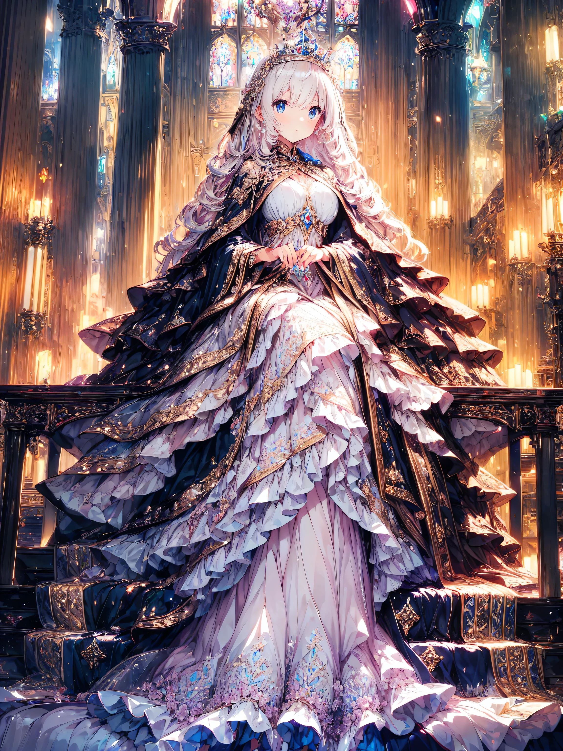 ((Ultra HD)), ((Super detailed)), ((Best Quality)), (((Princess with a young face))), Vibrantly colored Rococo Victorian gown, Beautiful lace, precious jewels and intricate embroidery, A voluminous, princess-style long skirt, A luxurious dress with super multi-layered frills, sequins and rosettes., Extremely complex and difficult to understand structure, Huge breasts, (((Complete Hand))), ((In the majestic cathedral)), 