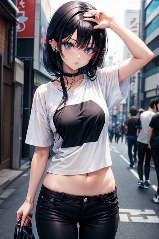 absurdres, RAW photo, extremely delicate, extremely beautiful, masterpiece, Best Quality, ultra high resolution, 32k, hyperrealistic, ultra-detailed description, perfect anatomy, correct body, ideal ratio of body proportions, pale skin, 20 years old, detailed beautiful face, detailed beautiful face eyes, tearful mole, earring, medium hair, black hair, big tits, whole body shot, shorts, t-shirt, bare shoulder, baseball cap, outdoor,