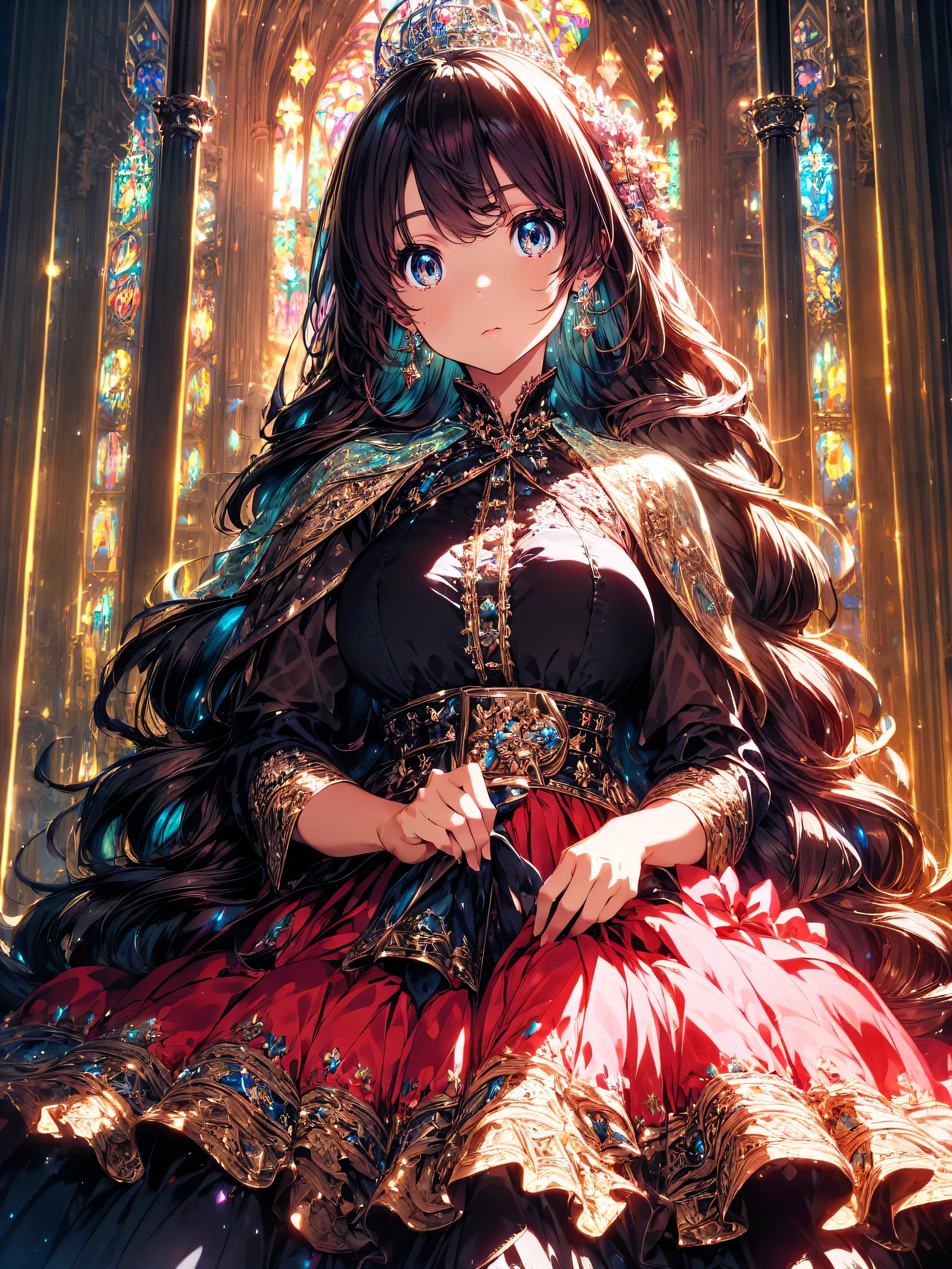 ((Ultra HD)), ((Super detailed)), ((Best Quality)), (((Princess with a young face))), Vibrantly colored Rococo Victorian gown, Beautiful lace, precious jewels and intricate embroidery, A voluminous, princess-style long skirt, A luxurious dress with super multi-layered frills, sequins and rosettes., Extremely complex and difficult to understand structure, Huge breasts, (((Complete Hand))), ((In the majestic cathedral)), 