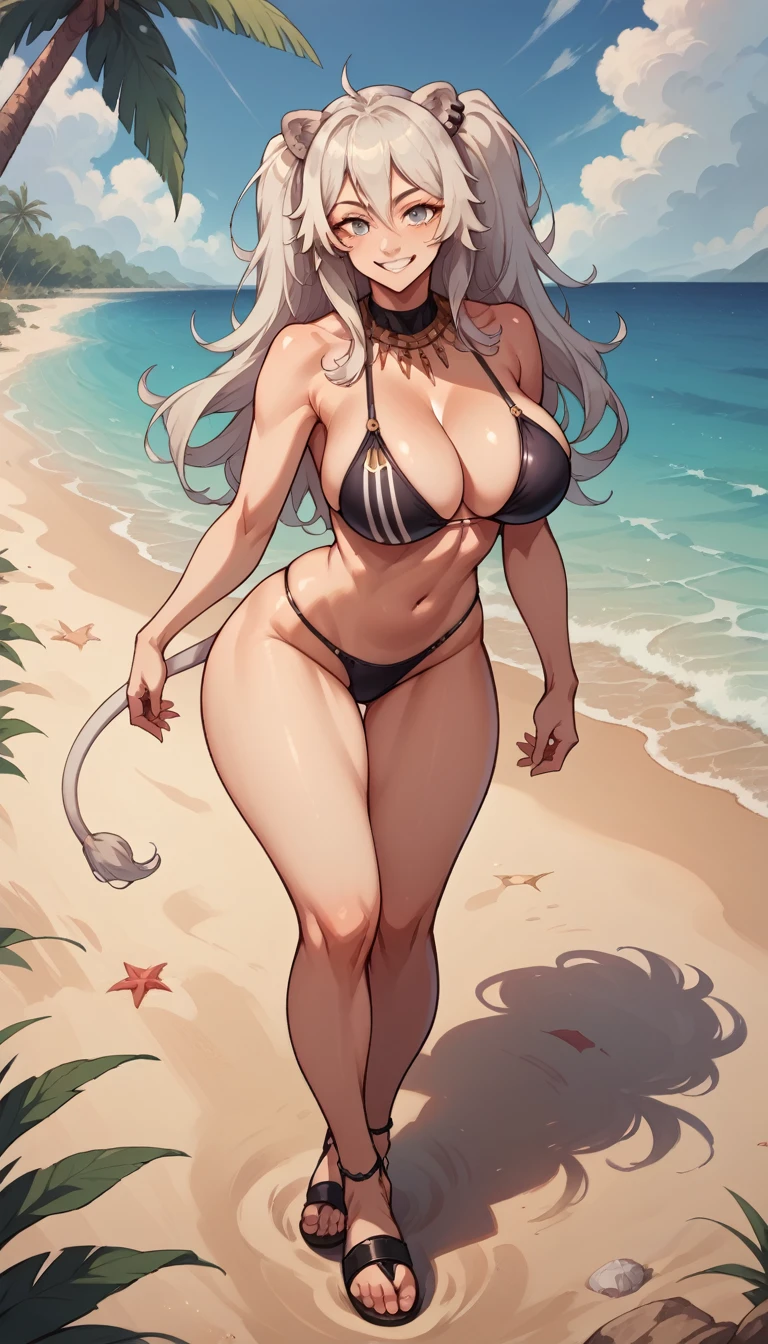 ultra-detailed, 1girl, solo, ShishiroBotan, (masterpiece)), (best quality), (highres), 16K, long hair, two side up, ear piercing, lion tail, wearing black bikini, sandals, busty body, large breasts and a beautiful ass, showcasing cleavage, legs, hips, looking at viewer, detailed face, smile, detailed hair, detailed full body, beach background