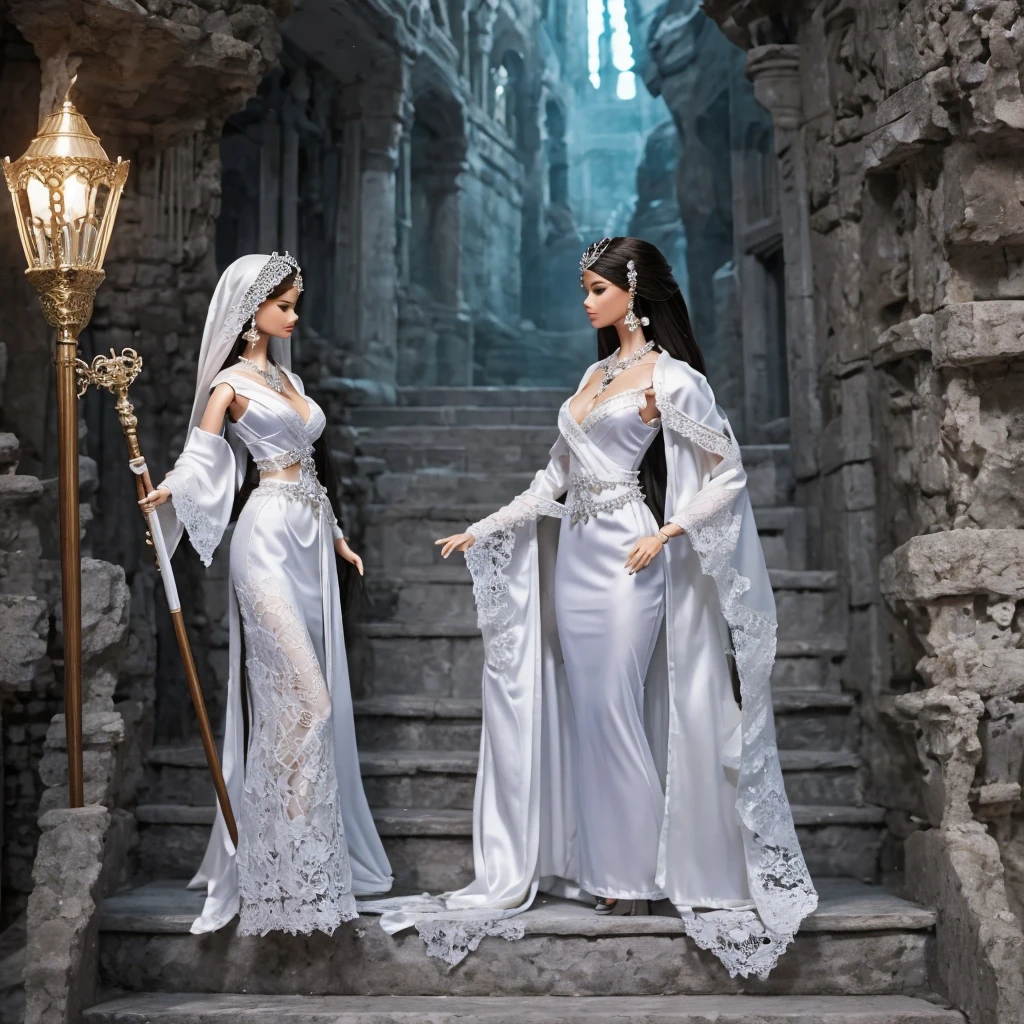 Create a mystical scene featuring a Barbie doll in a flowing white robe, reminiscent of a sorceress or priestess. She holds a magical 6ft long staff adorned with a large gemstone and wears ornate jewelry. The background is a dark, ancient stone staircase illuminated by soft light, suggesting an atmosphere of enchantment and mystery. Include details like delicate lace and intricate patterns on her attire to enhance the ethereal quality.
