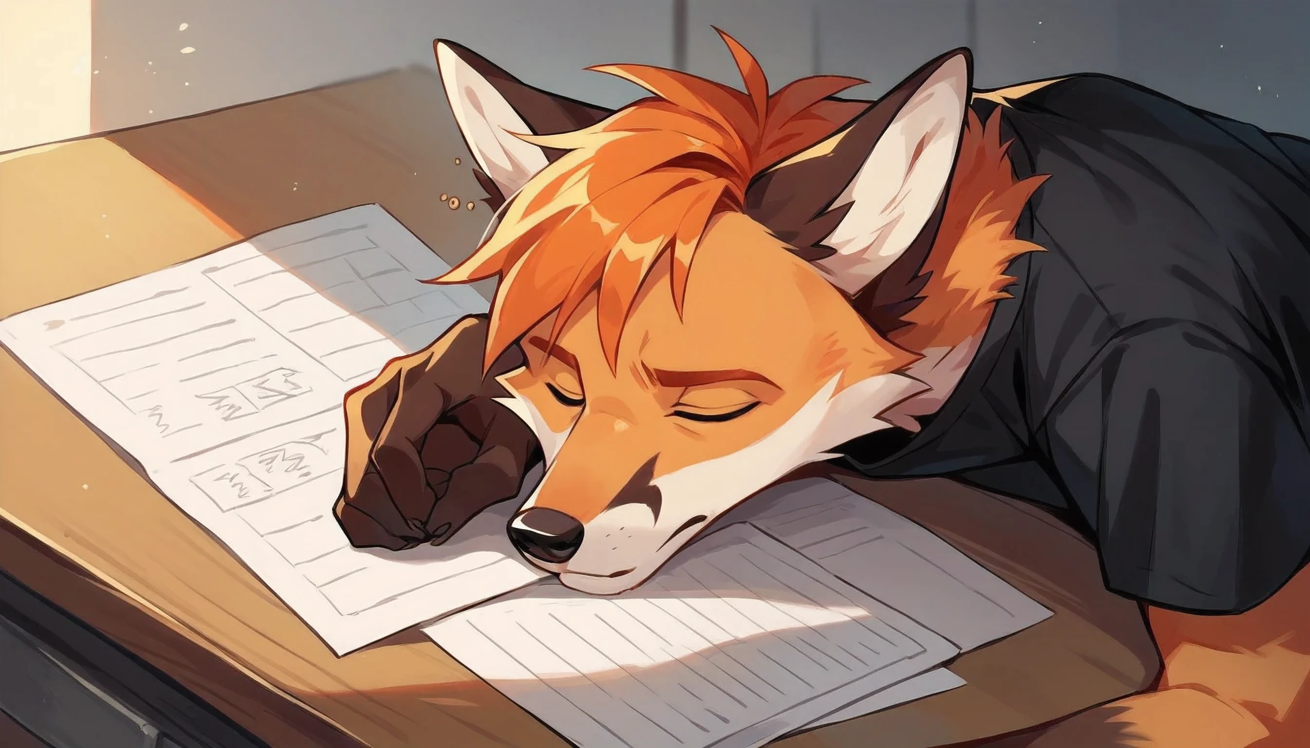 ((best quality)) ((masterpiece)), portrait, funny, solo male ((ginger fox)), kawaii, sleeping on a desk, tired, black shirt, 8K