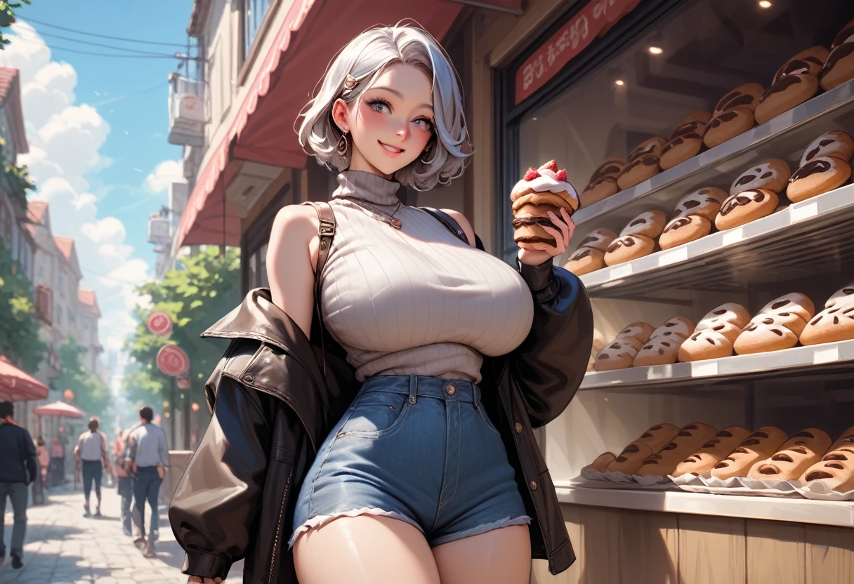 1girl,cowboy shot,bakery background,,ruanyi1043,bare shoulders,grey turtleneck,long sleeves,denim shorts,score_9, score_8_up, score_7_up, score_6_up, score_9, score_8_up, score_7_up, score_6_up source_anime, blush, 1girl, seduce smile, perfect body , natural huge breasts
