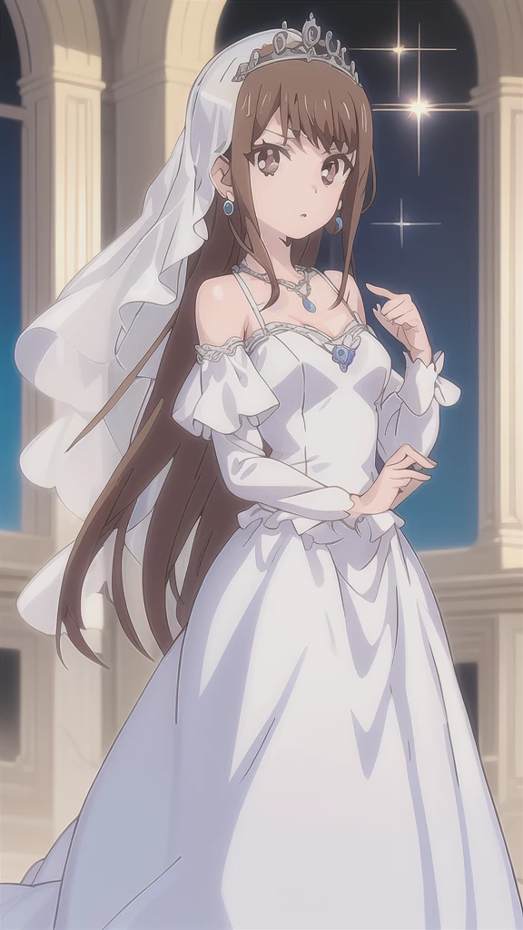 1girl, Solo, long hair, brown hair, brown eyes, ayanedef, modeling at a palace setting, adorned in a stately satin, lace and tulle ballgown wedding dress, bow in back, bows on skirt, long sleeves, modest, Crowning her head is a tiara and a veil while diamond earrings and necklace sparkle in contrast with the white, anime, 4k, hd, detailed, perfect anatomy, perfect hands, perfect face, cute, professional artwork, (masterpiece), best quality, expressive eyes, perfect face, good hands, best hands, detailed, high quality, high resolution. 8k