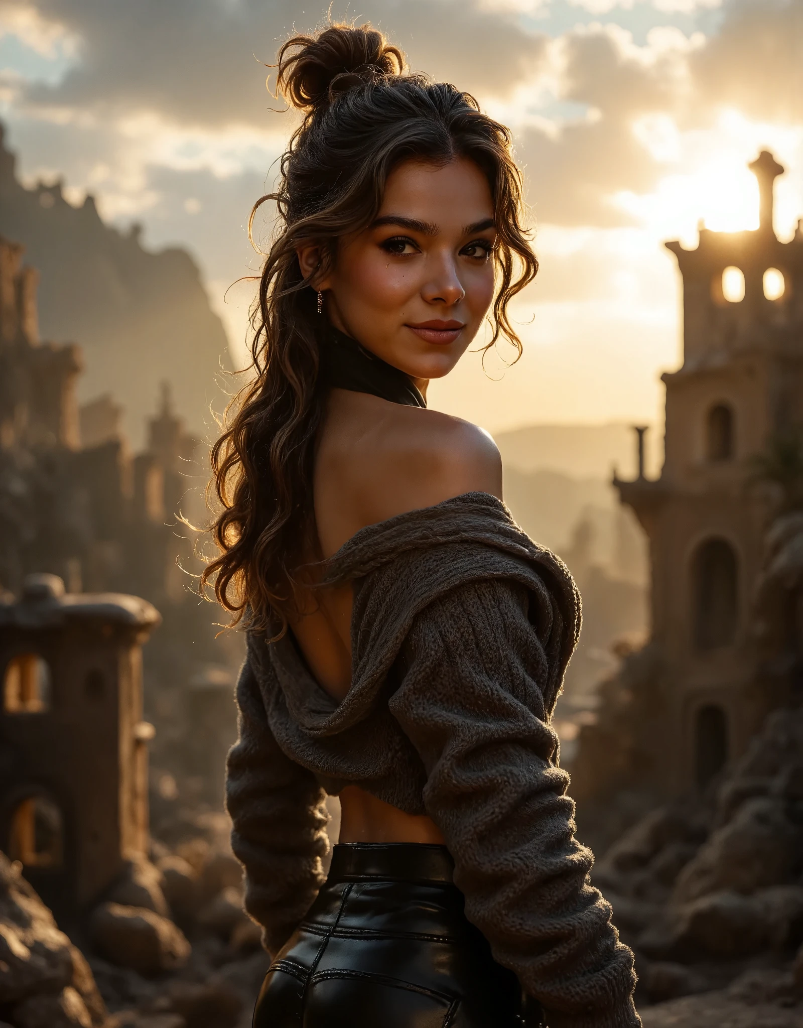 Foreground: a gorgeous woman (hailstnewv3), wet wavy hair in the wind. she's a men magazine model, She has a subtle smile and flirts with the camera, (she wears casual shirt with a knitted sweater and latex pant) , Full body view. background landscape of Fantasy castle ruins, (in sunset light:1.2), , perfect eyes, perfect hands, perfect body, perfect hair, perfect large breast, hair behind ear, UHD, retina, masterpiece, accurate, anatomically correct, textured skin, super detail, high details, high quality, award winning, best quality, highres, 16k, 8k, , back view, looking over her shoulder at the viewer