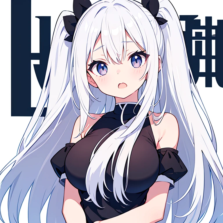 (Pure white background)、A simple black t-shirt、Large Breasts、Mouth open、tachi-e、Standing still、Hands behind back、Long white hair、Visible eye highlights