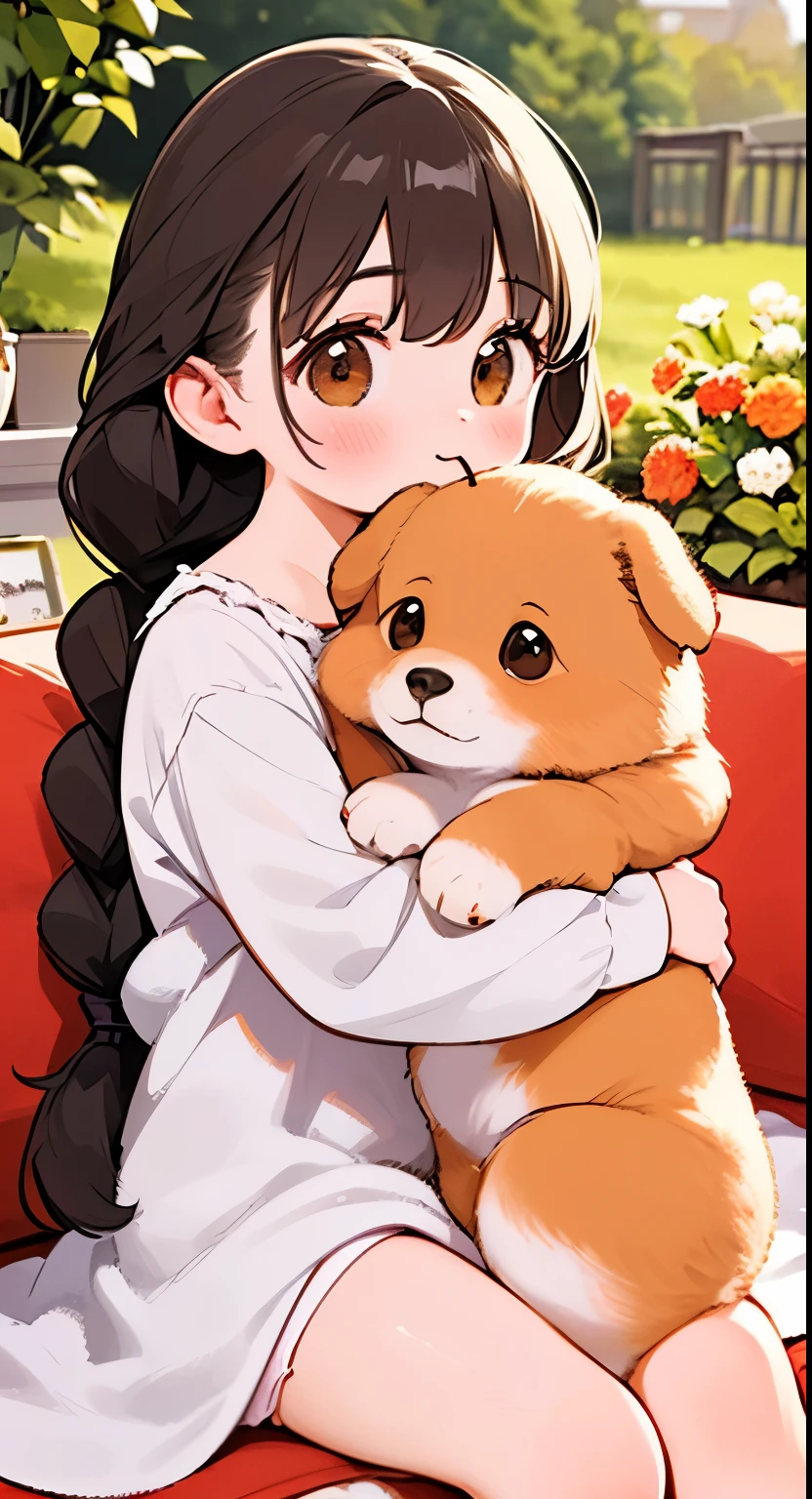(Best Quality,4K,8k,High resolution,masterpiece:1.2), Very detailed, (Deformed, Realistic, Realistic:1.3),One ,cute ,Very short,Laugh happily,Brown eyes,Fluffy,Black hair braids,White Dress,The dog is bigger than the girl......,This dog is a golden retriever....,犬はFluffy,Dog hugging a girl,Golden retriever with white panties in his mouth:1.7,Autumn rural house and garden background:1.2,