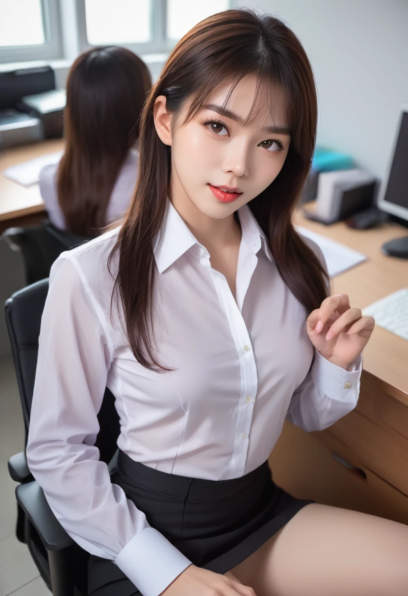 NSFW, sexy, young body, 1 woman, realistic photograph, realistic 3D beautiful, sexy body, small breasts, fair or light skin tones, which may appear pale, Chinese skin tone, dark brown eyes, black short hair, detailed hair, shy face, It has a natural beauty, looking a viewer, height 165cm, weight 40kg, office uniform, wearing white shirt, no stripes or prints, tight white shirt, unbuttoned shirt, open shirt, soaked with sweat, naked, hairy pussy, spread your legs, open your pussy-lips with your fingers, show your prominent outer lips, focus on your pussy, blushing, black color skirt, lifting up the hemline of her skirt, barefoot, (ahegao : facial expression), rolling eyes up, Squeezing Pussy POV at office desk, inside the office, Partition, Mobile drawer unit, Secretarial desk background, detailed Secretarial desk, ahegao, all sweat, open mouth, tongue out, povpinch, hand on pussy, cleft of venus, dildo, pussy, spread legs, pov, pov hand, hands behind head, indoor, from above
