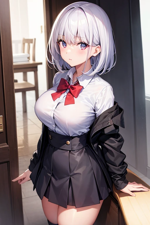 one person、low length、Young Girl、Bangs、Short Bob Hair、Headband、ribbon、Gray Hair、、blazer、Long Skirt、Sit with your legs apart、Pussy、Dripping a lot of thick white love juice、blush、Embarrassed expression、Sweat、See-through clothing、Big Breastasturbation、masturbation behavior、Striped underwear、clitoris、Transparent nipples